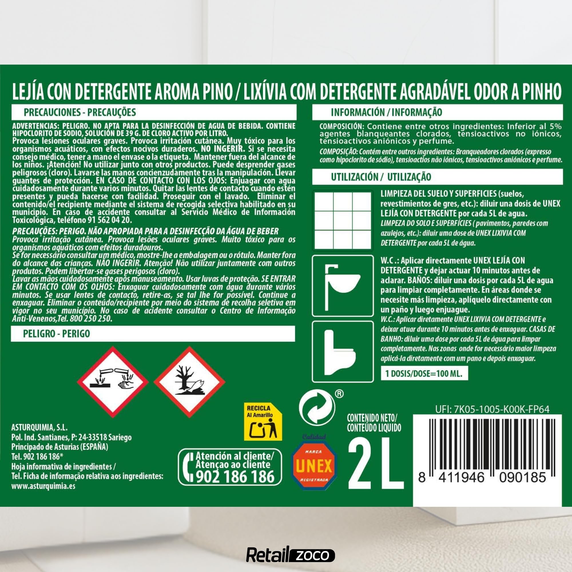 Lejía con Detergente Pino, Desinfectante Superficies, Uso en Baño, Cocina, Azulejos, Suelos, Aptas para Desinfección y limpieza, Combate los malos olores con fragancia fresca, 1 botella de 2 Litros
