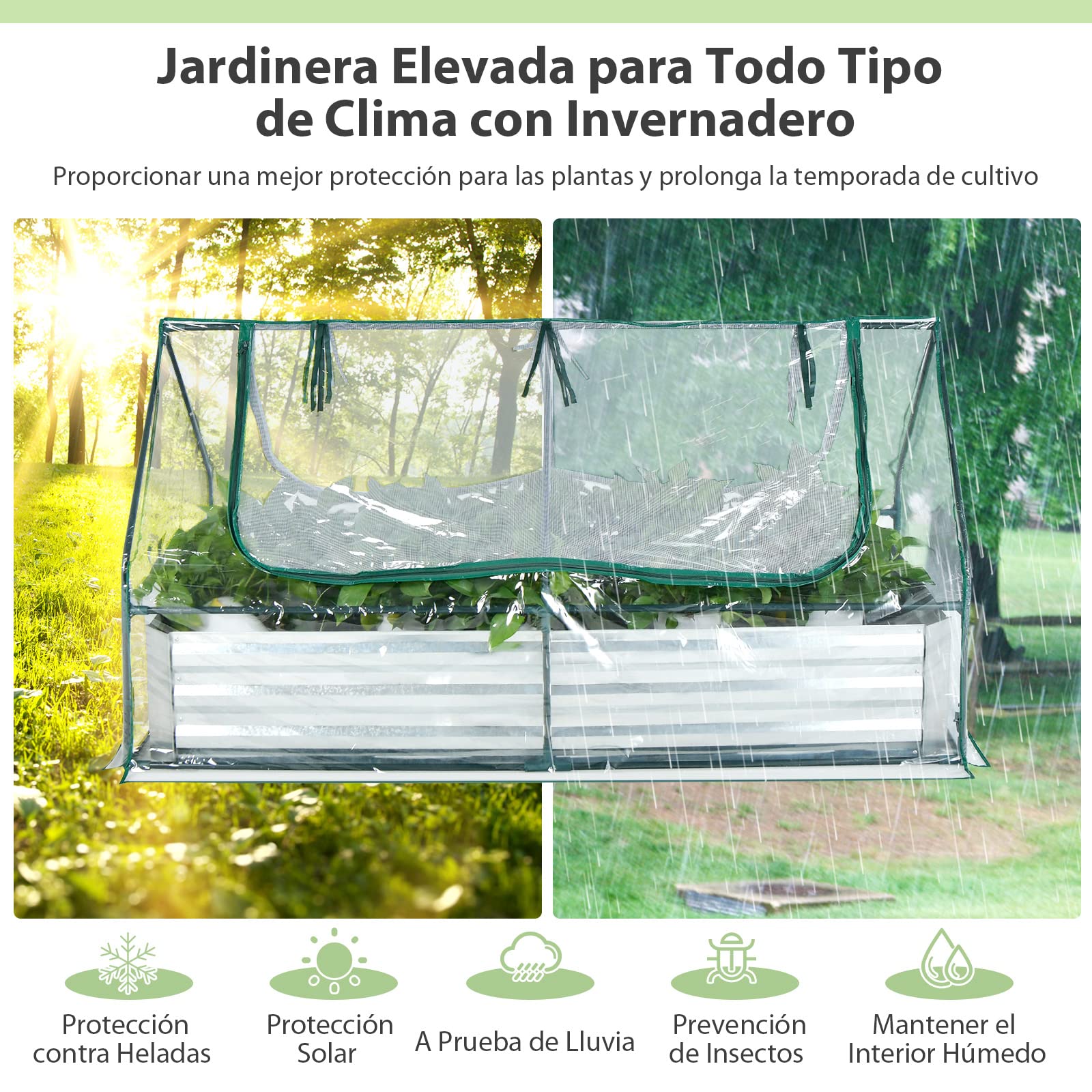 COSTWAY Cama de Jardín Elevada Galvanizada con Invernadero, Huerto Urbano Elevado, Jardinera Exterior sin Fondo con Cubierta, Ventanas Enrollables de 2 Niveles (180 x 90 x 91 cm)