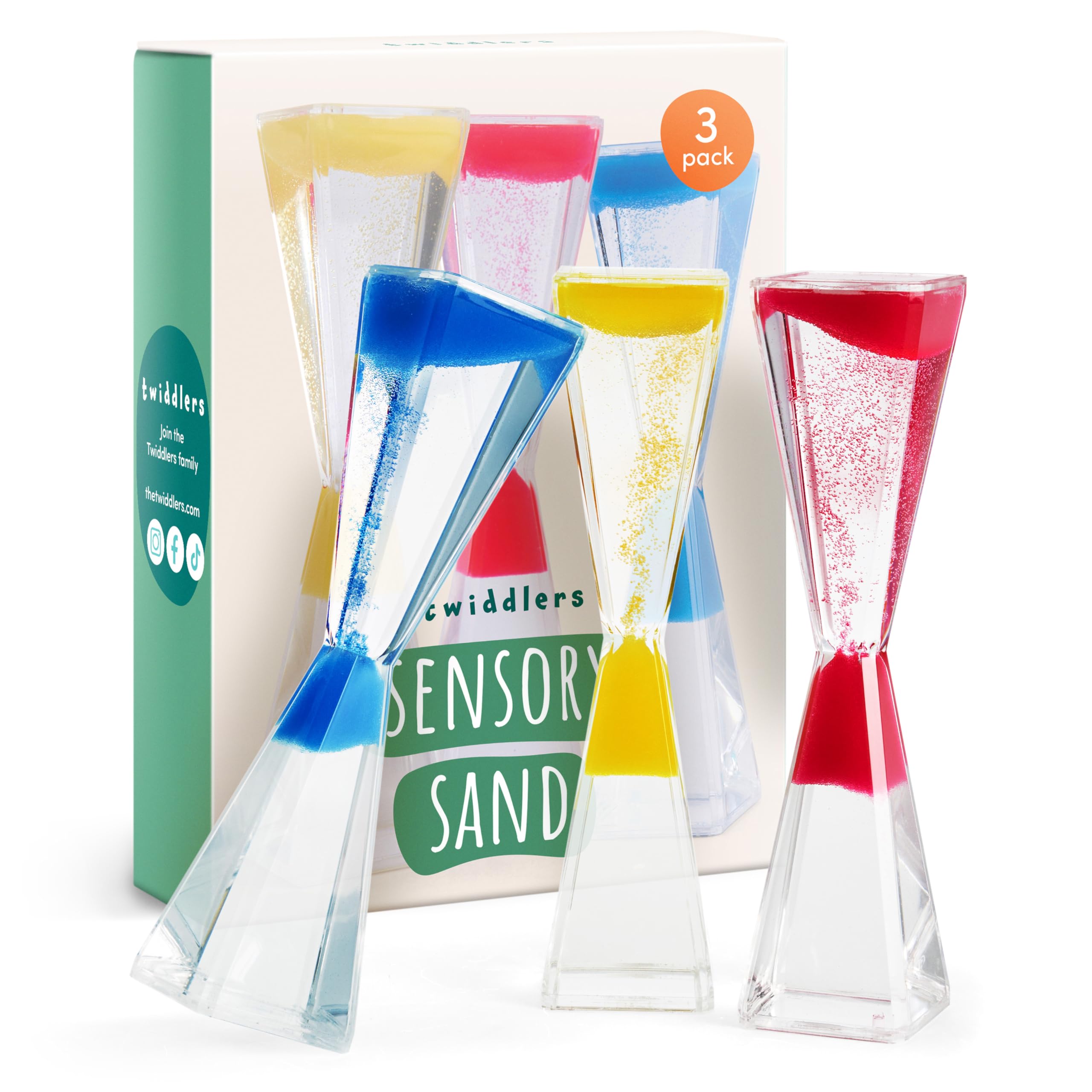 THE TWIDDLERS - 3 Sensory Anti-Gravity Timer Hourglasses - Liquid Motion Timers - 19cm, 3 Colours (Red, Blue, Yellow) - Calming Sensory Toys for Stress Relief