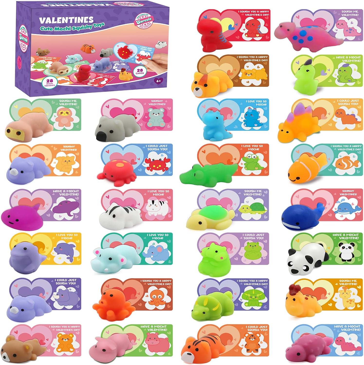 28 Pack Valentines Day Gifts for Kids, Mochi Squishies Party Favor Set with Valentines Greeting Cards for Kids, Valentine's Day School Prize Party Favor, Classroom Exchange Gift Set