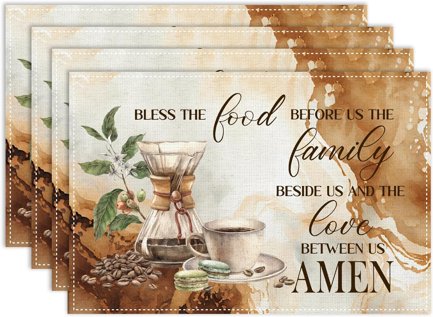 Coffee Time Placemats Set of 4, 12x18 Inch Farmhouse Retro Coffee Bean Cup Latte Tea Dessert Watercolor Holiday Cafe Table Mats for Party Kitchen Dining Decoration