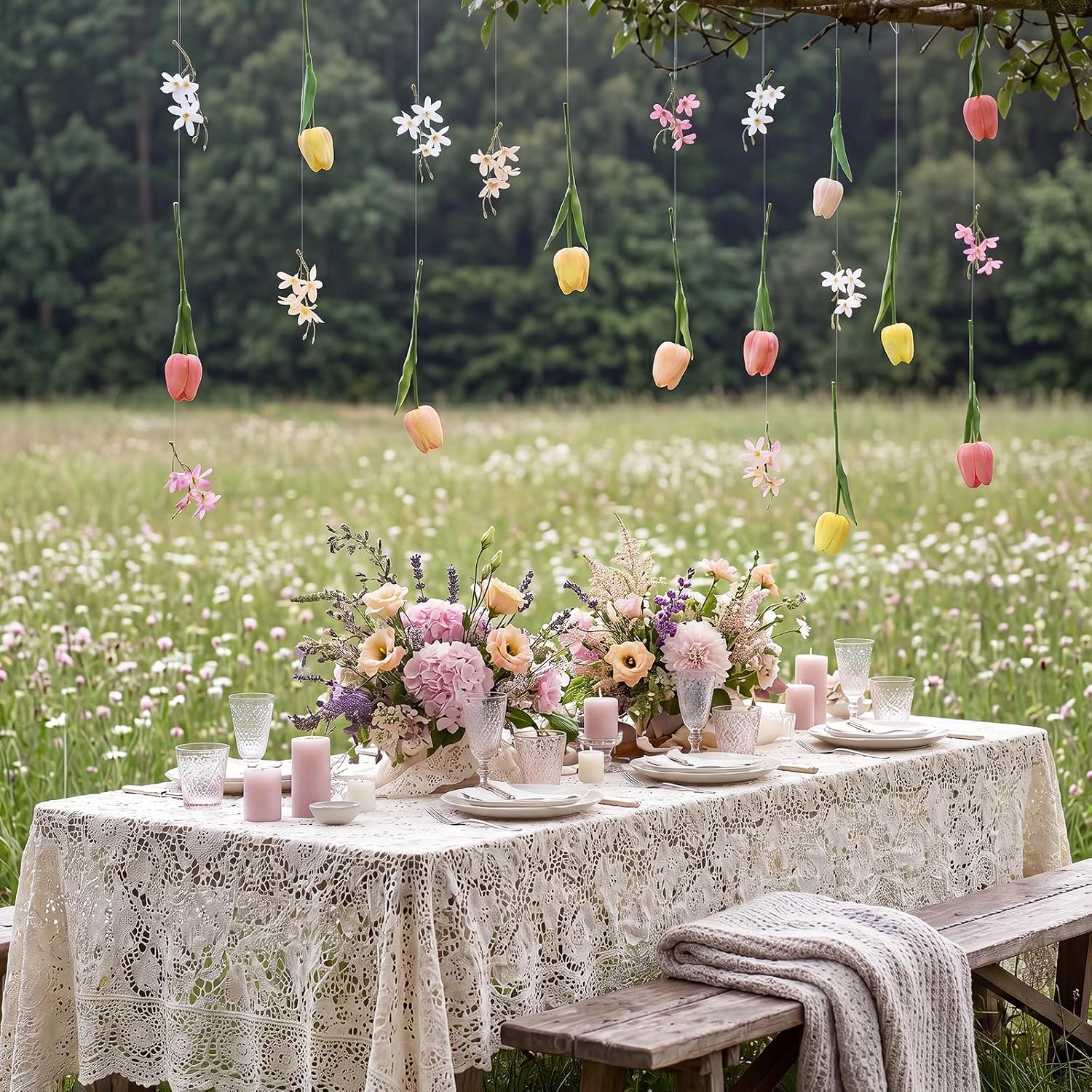 6 Pcs 35.4ft Artificial Tulips Hanging Flower Garlands with Hooks, Spring Faux Tulip and Wildflower Ceiling Vines, Mixed Colors Floral Backdrop for Wedding Party Home Wall Arch Decor