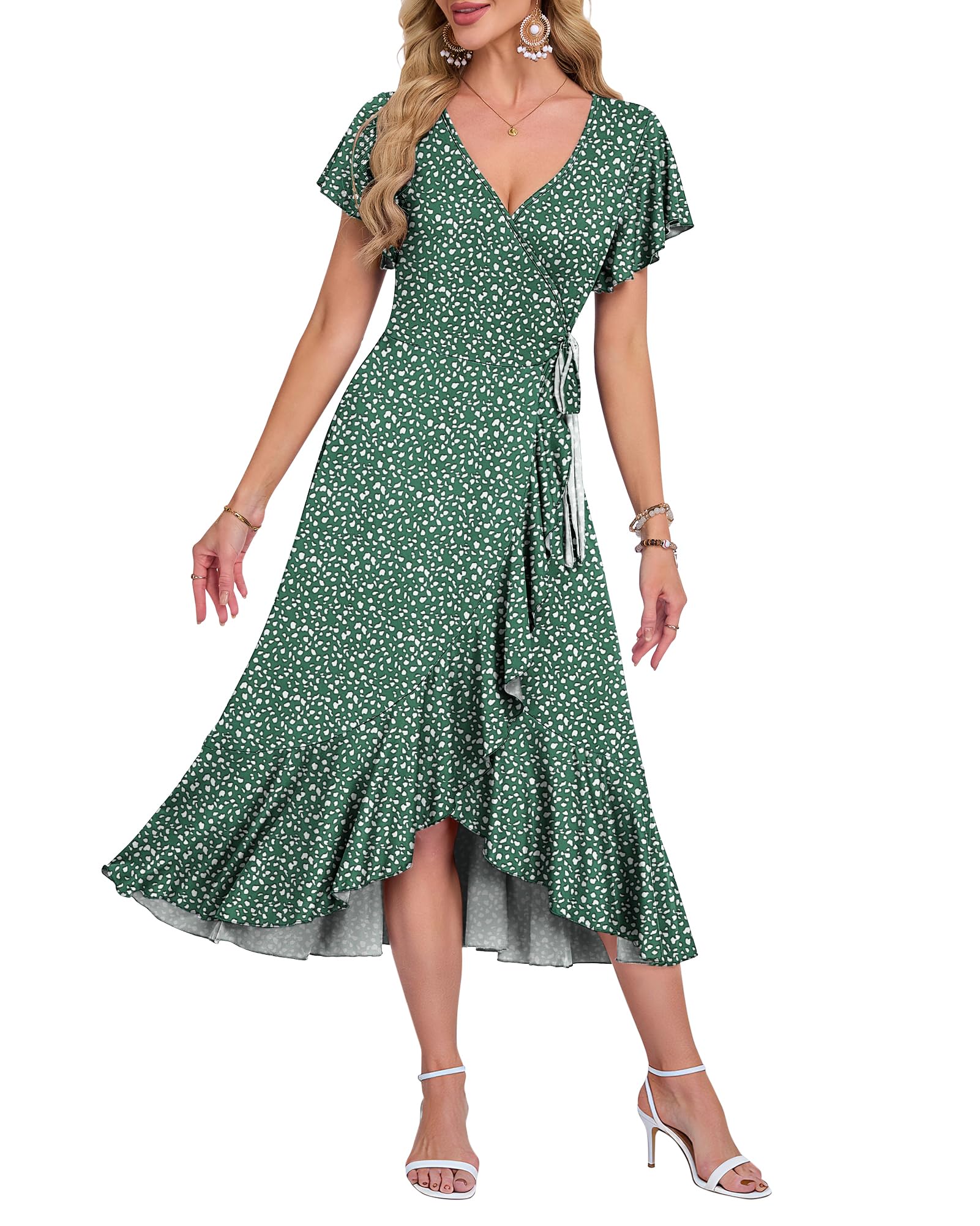 Auselily Women's Deep Gn Pattern Summer Dresses For Uk Midi Wrap Beach Casual V-Neck Short Sleeve Slit Ruffle Dress For Cocktail Wedding Guest