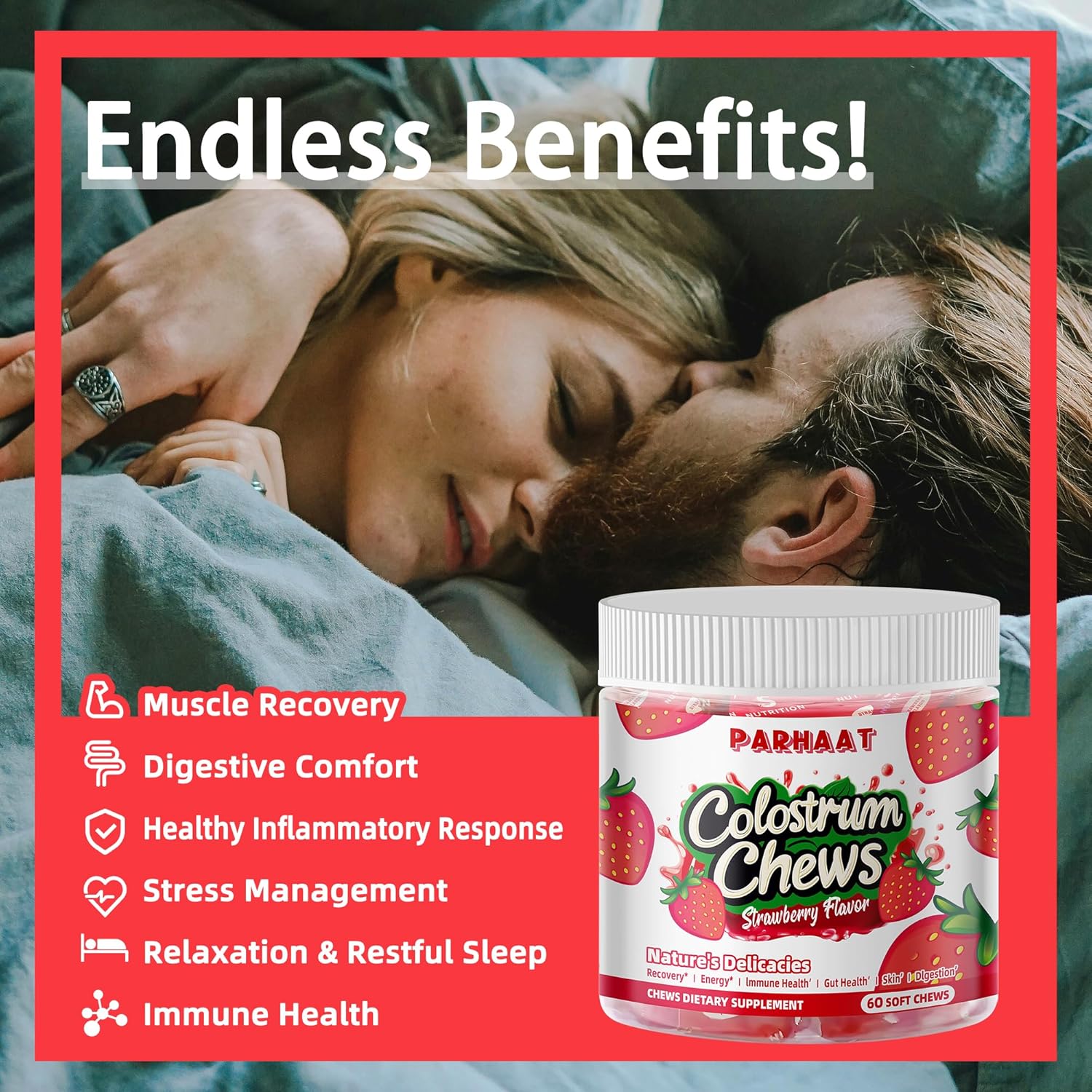 Bovine Colostrum Chews Supplement with probiotics for Gut Health, Bloating, Immune Support, Skin, Hair Growth and Beauty - Strawberry Flavor (60 Servings)