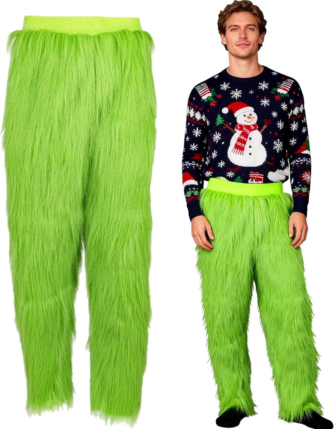 Mens Green Furry Pants Adult Christmas Funny Cosplay Costume Props Green Santa Costume Trousers for Men Women