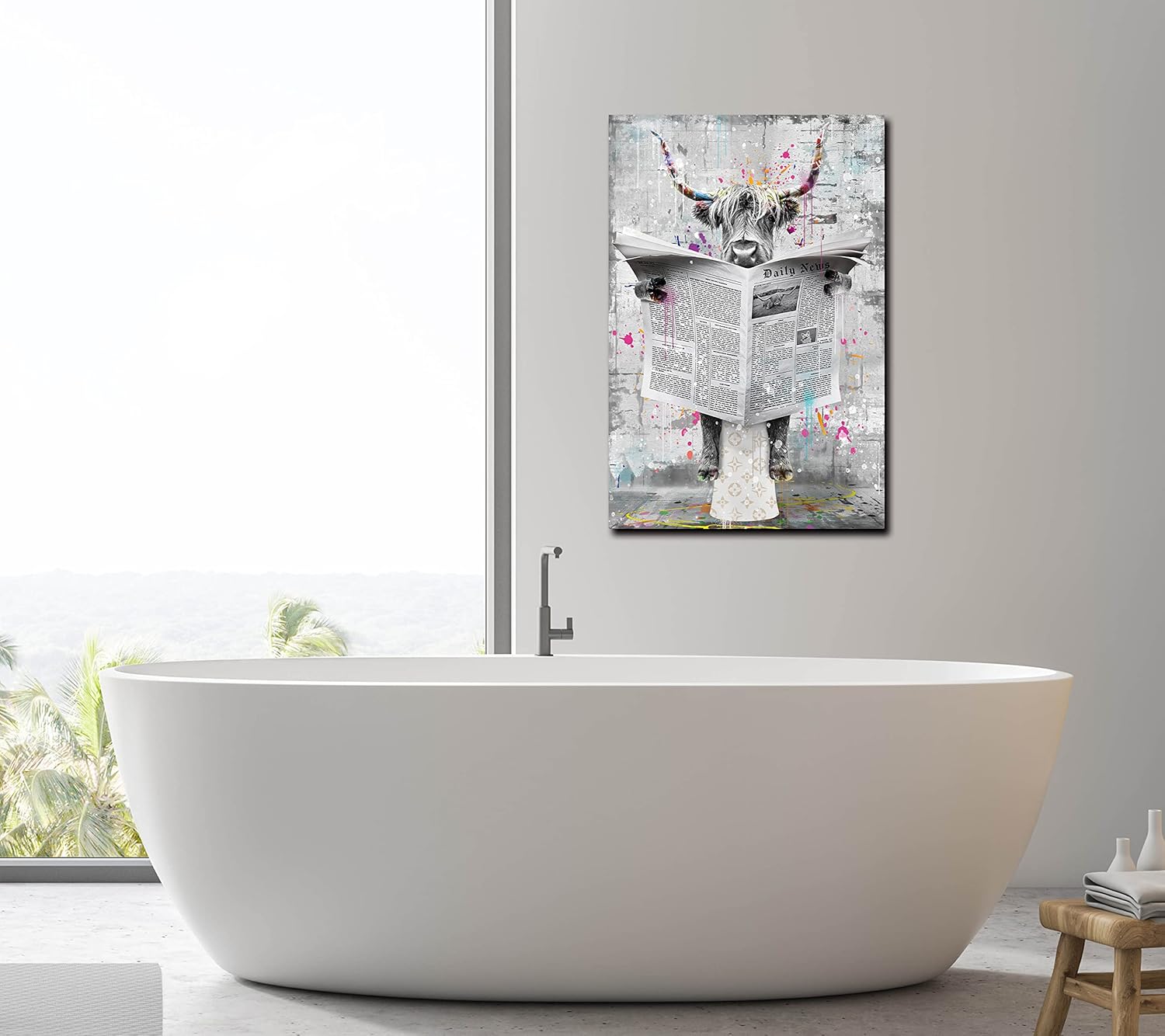 GUGIKA Highland Cow Wall Art for Bathroom, Funny Graffiti Cattle Living Room Wall Decor, Black and White Bedroom Canvas Print, Size 16x24 Inches