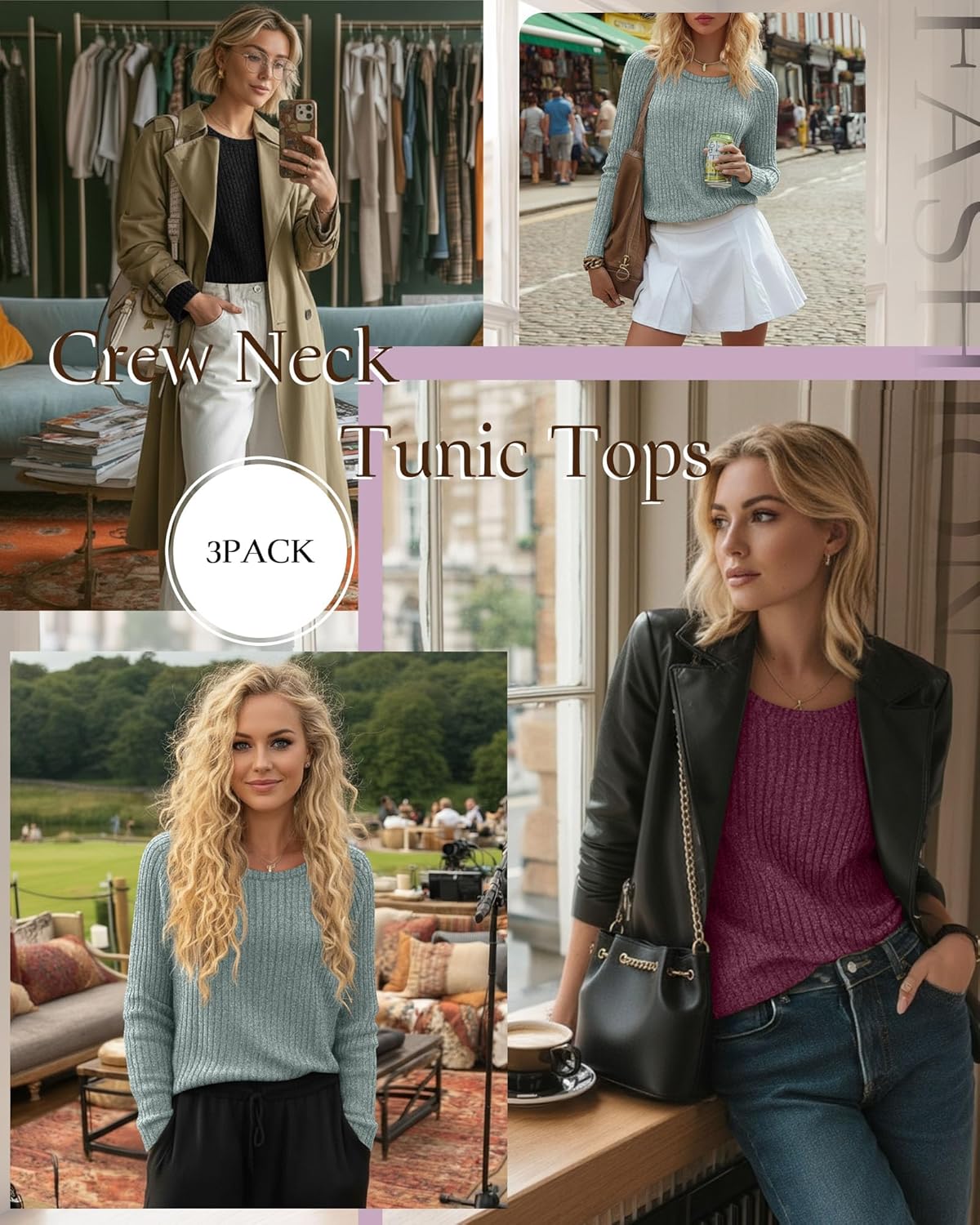 Ficerd 3 Pack Women's Curved Hem Long Sleeve Sweaters, Side Split Crew Neck Tunic Tops Loose Fit Shirts Basic Pullover - Image 2