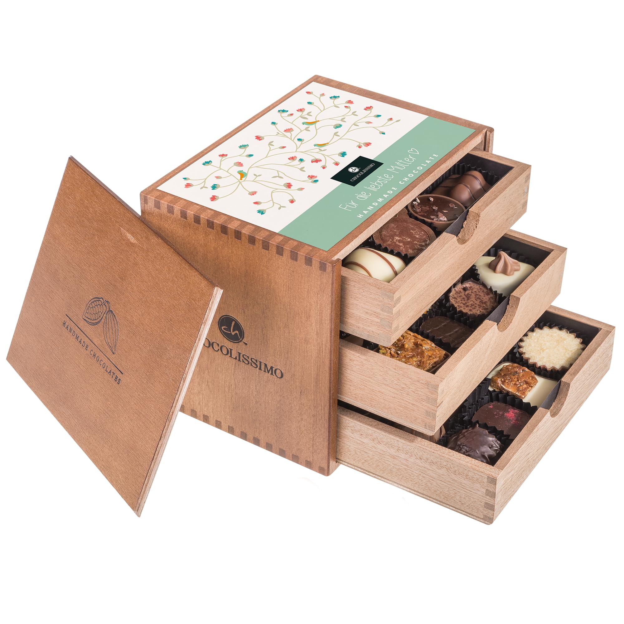 CHOCOLISSIMO - Geschenk Mama - Muttertag Süßigkeiten - Schokolade Geschenk für Mutter - 30 edle Pralinen in Holzbox - Geschenkidee Geburtstag, Jahrestag, Weihnachten für Mutti, Schwiegermutter