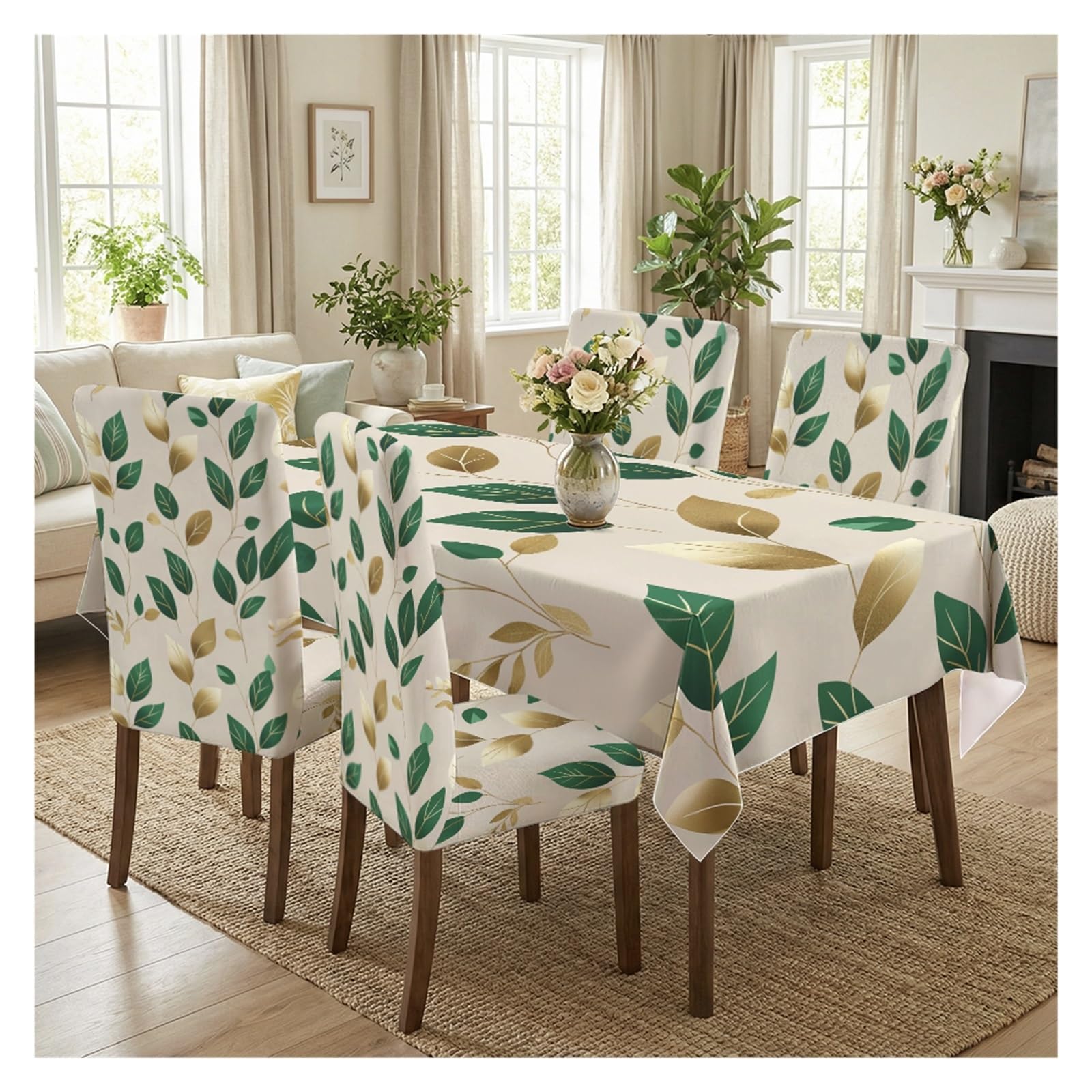 KXUAUV Green Gold Leaf Print Stretch Dining Chair Covers Tablecloth Set, For Kitchen Dining Living Room Farmhouse Decor, 5/7 Pack Party Decor(5pcs Set: Tablecloth+Chair Covers)