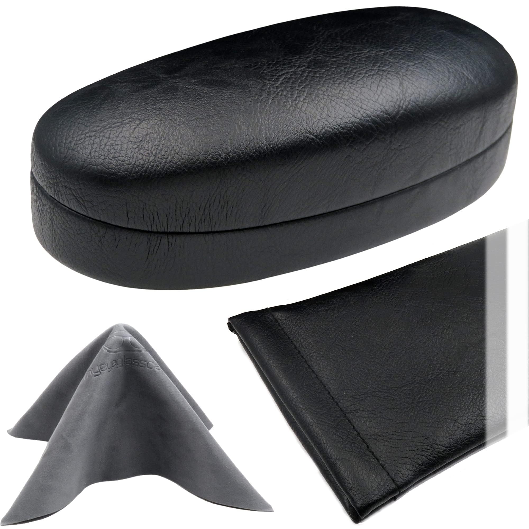 MyEyeglassCase Combo Sunglasses Case &amp; Soft Glasses Pouch in Black Distressed Faux Leather - Medium to Large Dorable Clash Shell with Microfiber pouch and Cloth (AS113 Combo Black)