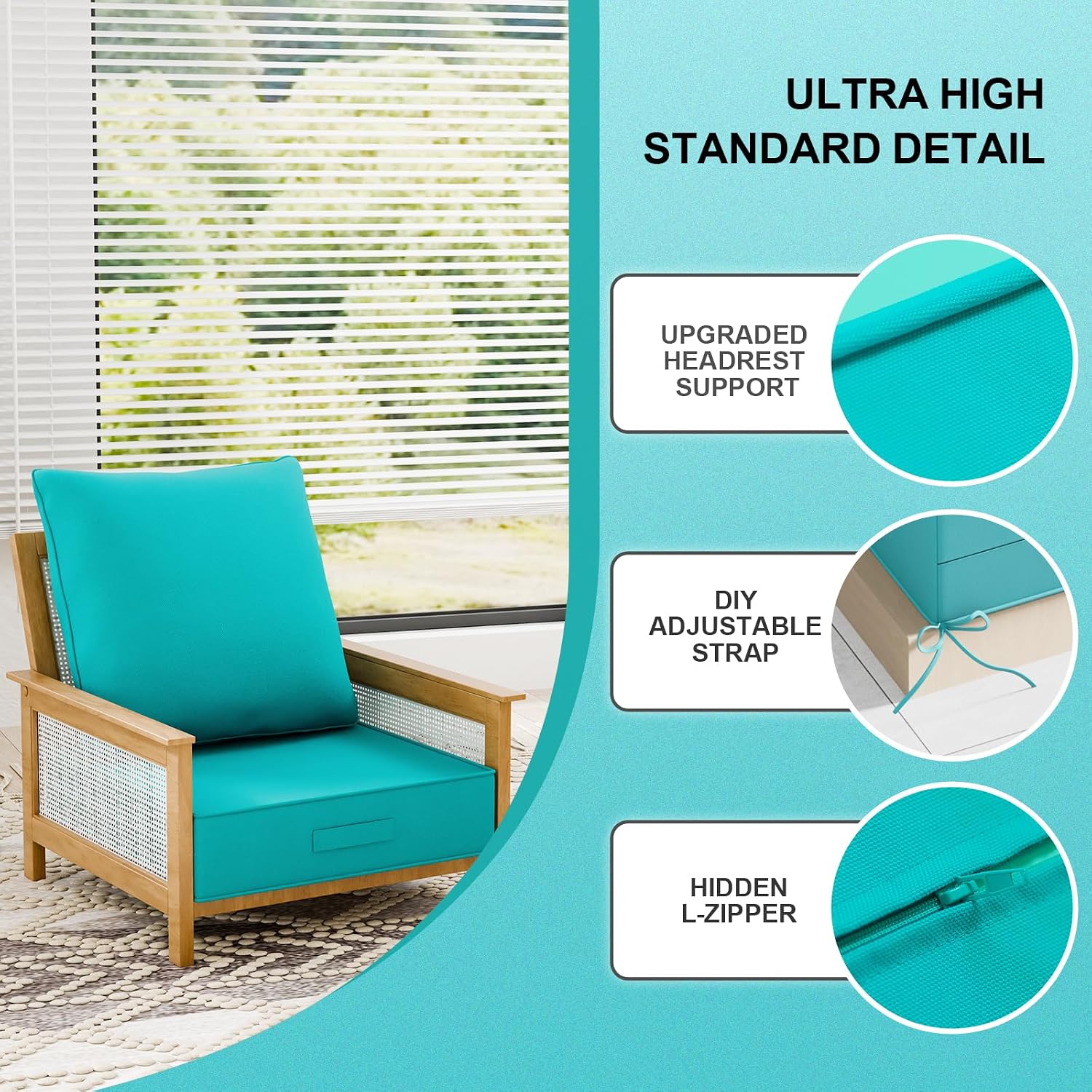 Outdoor Olefin Water-Resistant Deep Seat Cushion Set, 23''x 26''x 6'' Weather and Fade Resistant Patio Furniture Seat Cushion, Thickened Sofa Chair Pad with Straps for Lawn, Garden, Turquoise