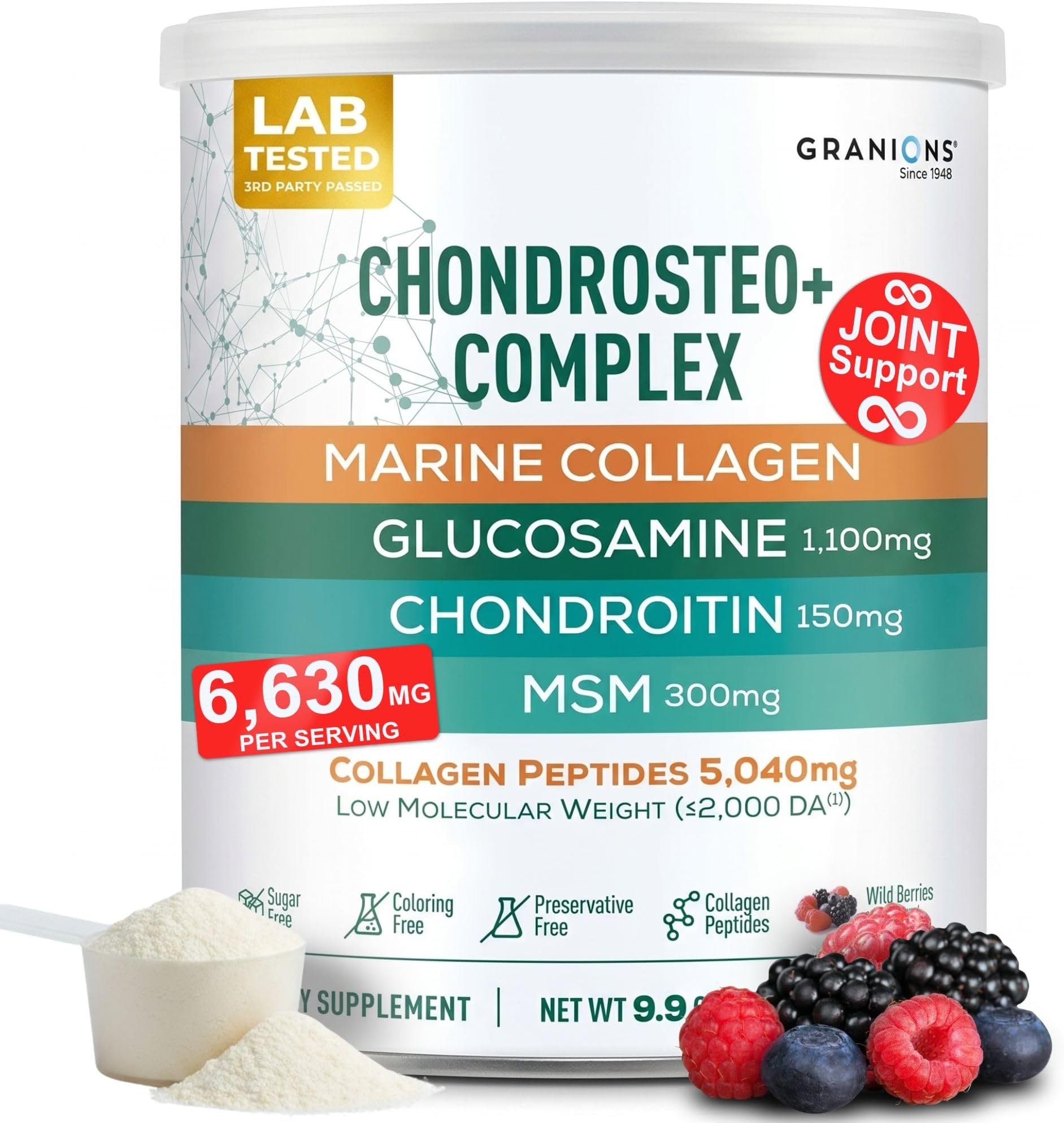 Granions Glucosamine Chondroitin MSM Powder 6,630mg - Joint Supplements for Men and Women - Chondrosteo, Hydrolyzed Marine Collagen Peptides, Essential Vitamins Glucosamine Complex - Wild Berry 9.9oz