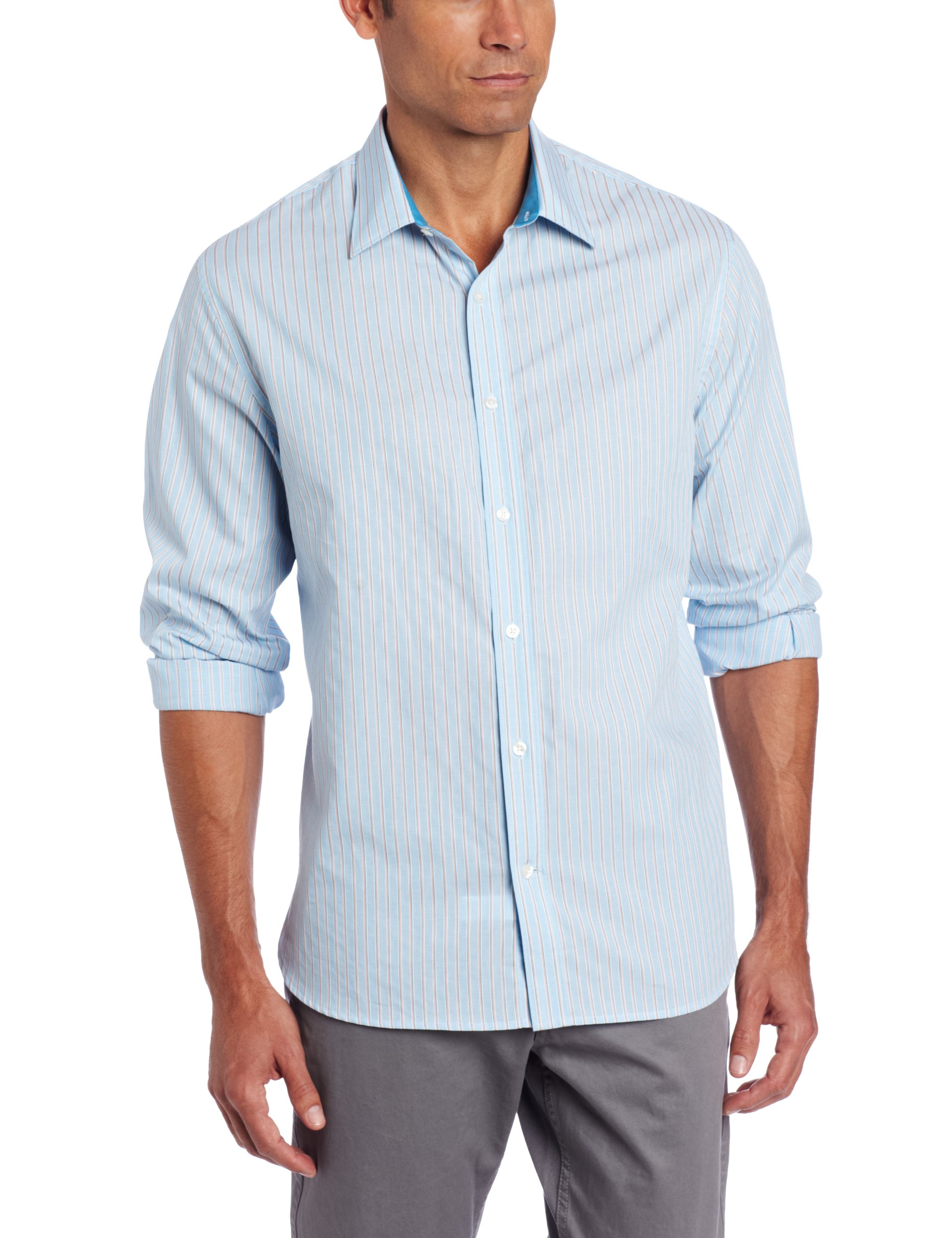 Perry Ellis Men's Long Sleeve Thin Satin Stripe Shirt