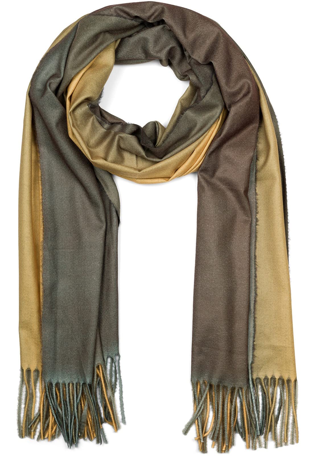 Stylebreaker Women's Yellow-Olive Scarf With 2-Colour Gradient And Fringes, Warm Winter Stole Multi-Coloured, Ombré Look, 01017147, Colour: