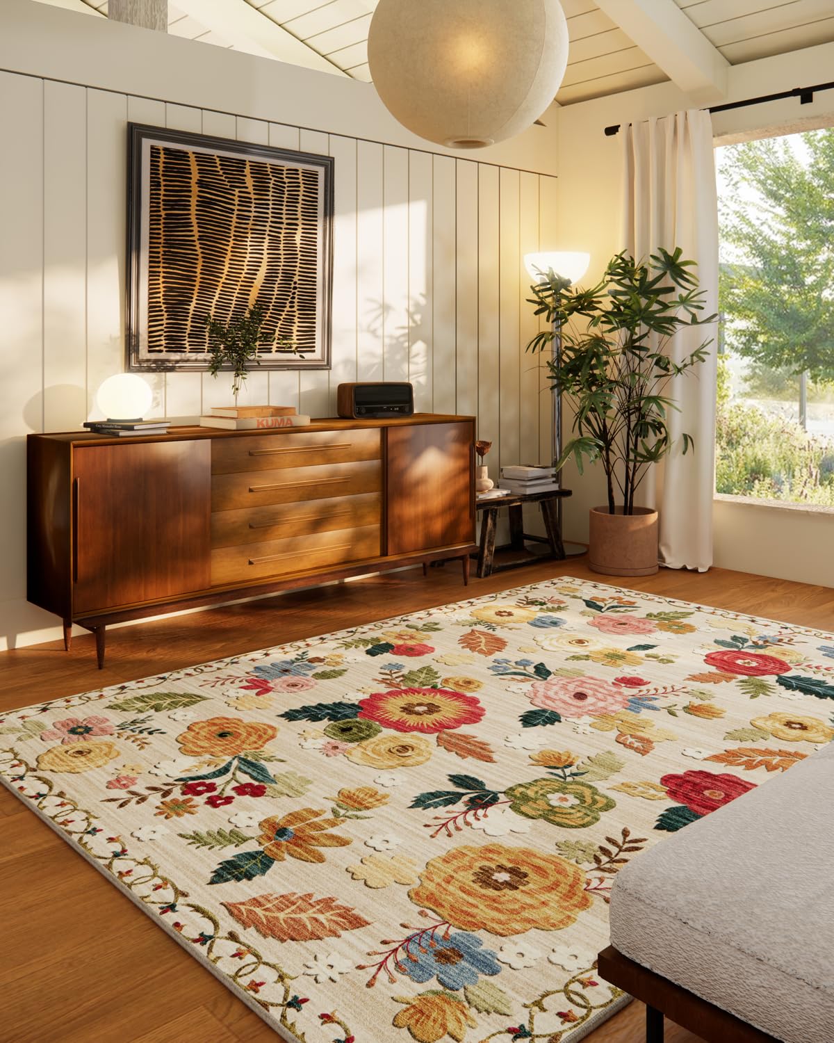 Machine Washable Area Rugs for Bedroom: 5'x7' Living Room Rug Floral Vintage Large Rug Stain Resistant Non Slip Low Pile Faux Wool Soft Rug for Dining Room Bedside Kitchen Entryway Nursery Office