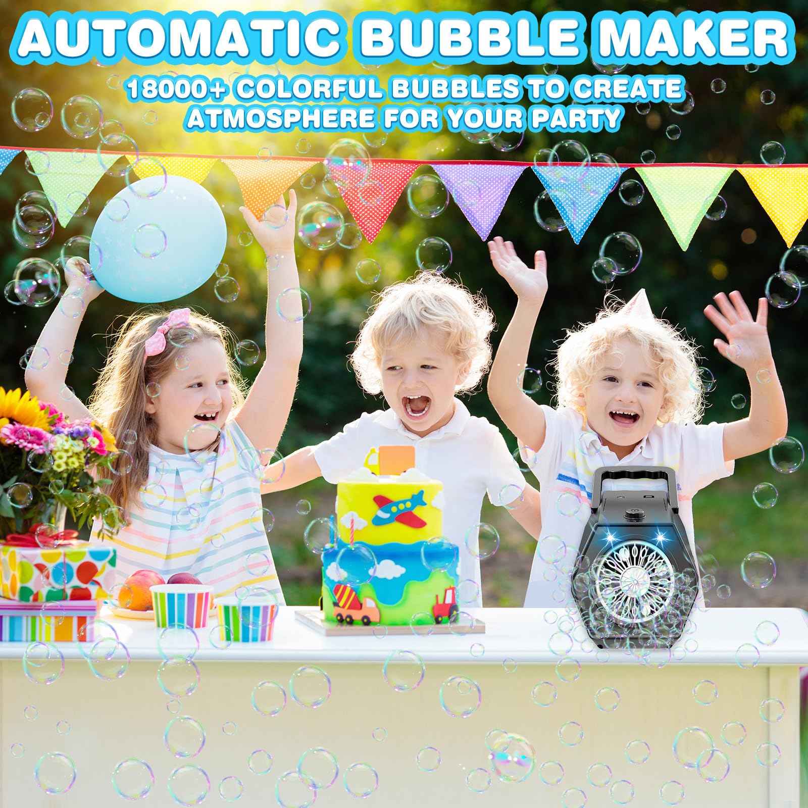 Maquina Burbujas, Más de 18.000 Burbujas por Minuto, Bubble Machine Automatico, Portátil Maquina de Burbujas para Niños, Juguetes Cumpleaños Invitados niños Fiestas Boda Exteriores (Negro)