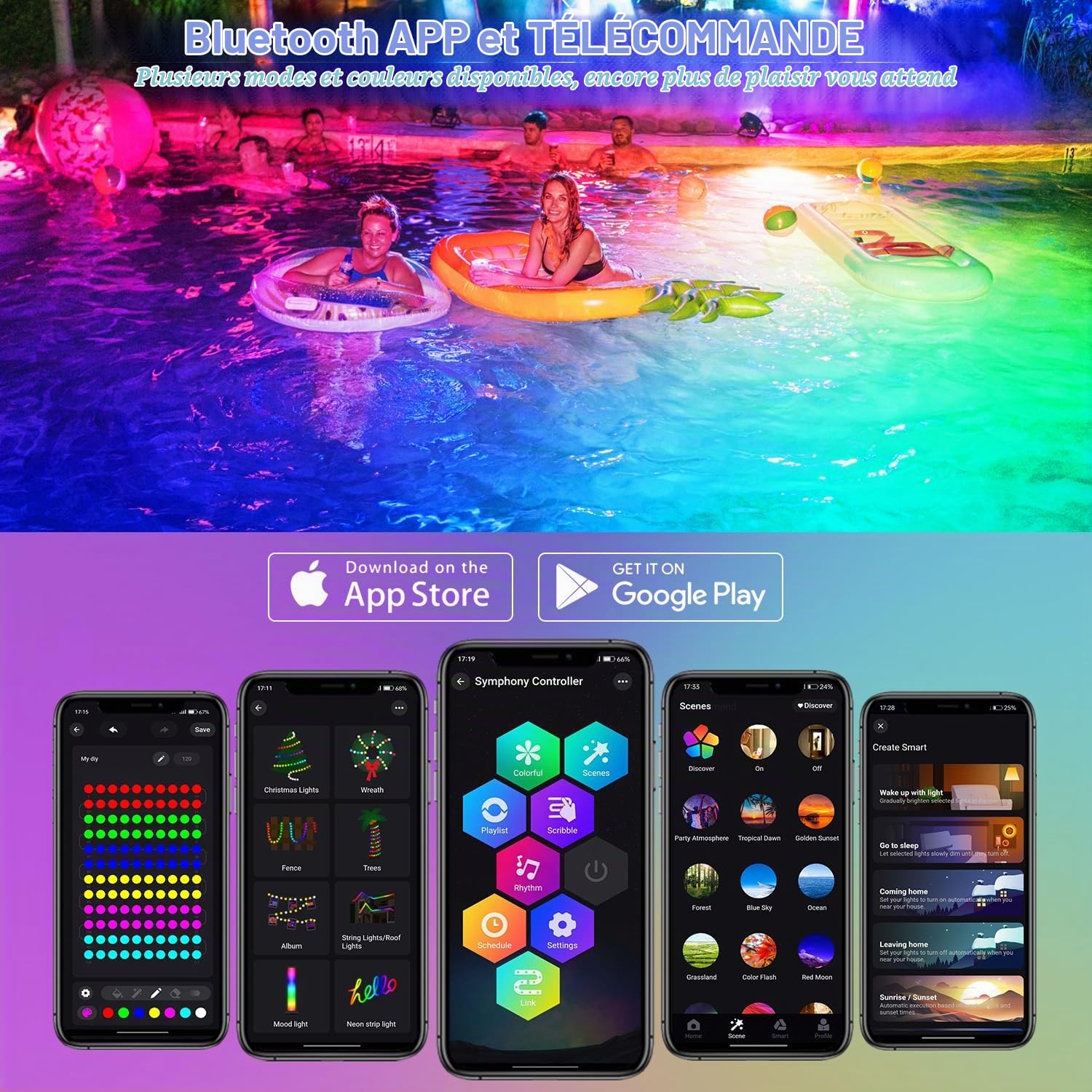 NATPOW Lumière LED Submersible RGB, 5V Couleur Changeante Projecteurs Application Bluetooth et Télécommande, IP68 Etanche Bassin Éclairage pour Aquarium, Jardin, Cour, Piscine, Fontaine, Étang, 6 en 1
