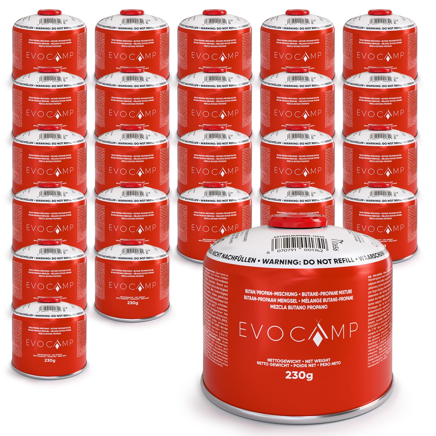 EVOCAMP 24 cartuchos de gas de 230 g con válvula de rosca, cartucho de rosca EN417 con rosca de 7/16", gas butano y propano para hornillos de camping, barbacoas de gas, lámparas de gas, camping y