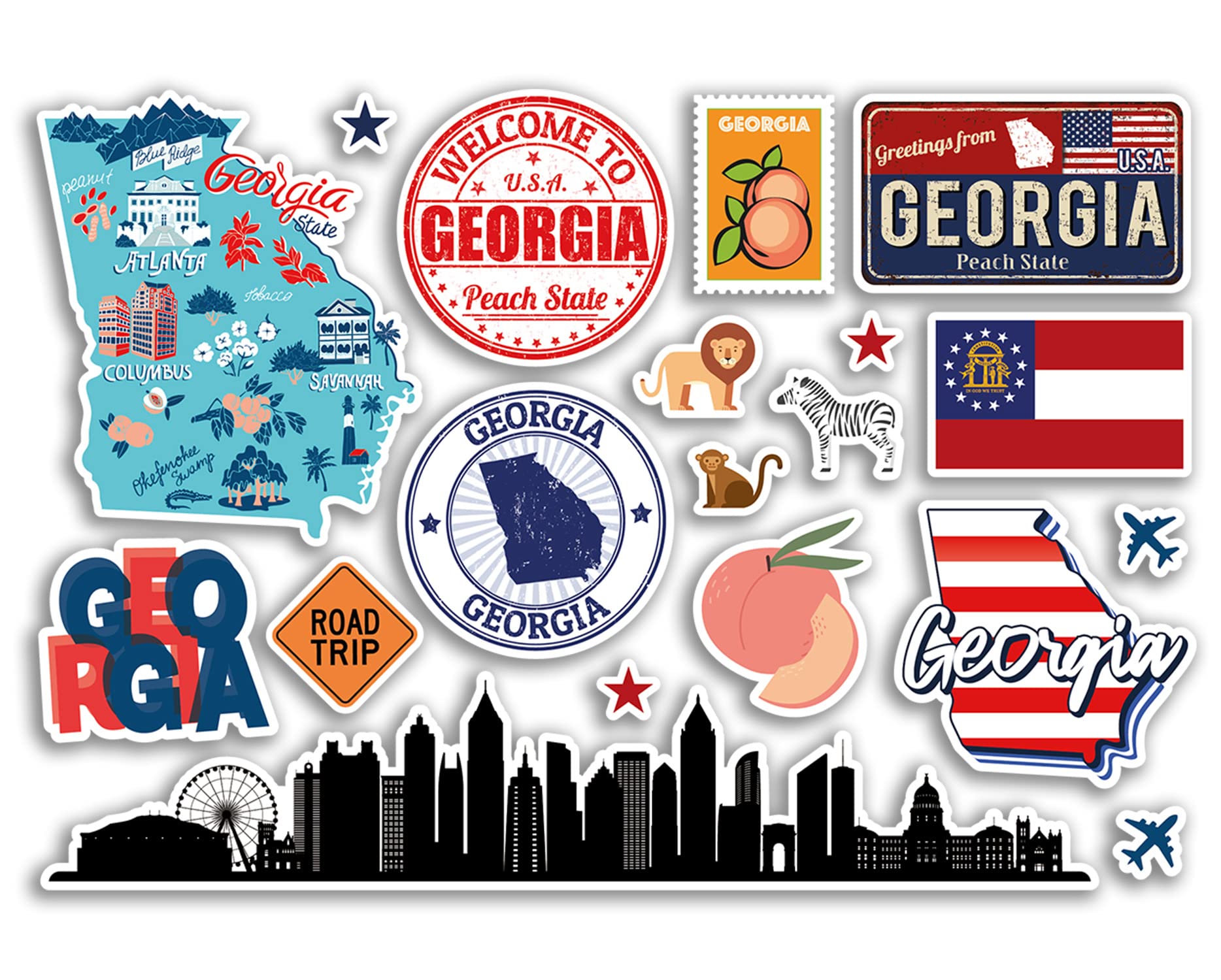 Dv Design Multi A5 Sticker Sheet Georgia Landmarks Vinyl Stickers - America States Usa American Airport Stamps Skyline Flag Map Travel Holiday Scrapbooking City Luggage #79161