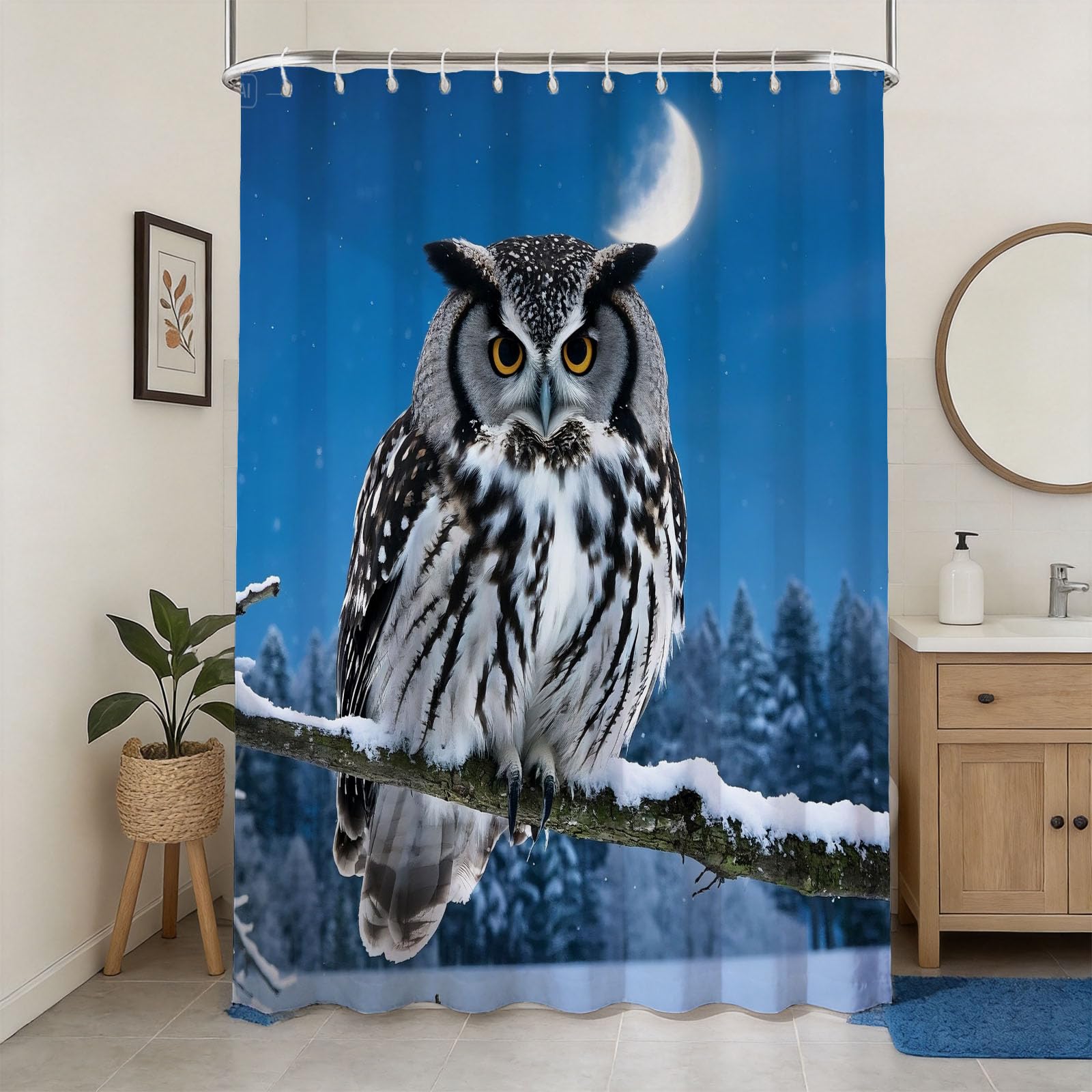 Hongduo 3D Owl Shower Curtain for Stalls Bathtubs Moon Bathroom Decor Shower Curtain Set Polyester Fabric Waterproof 200x200cm/79X79 Inch with Hooks