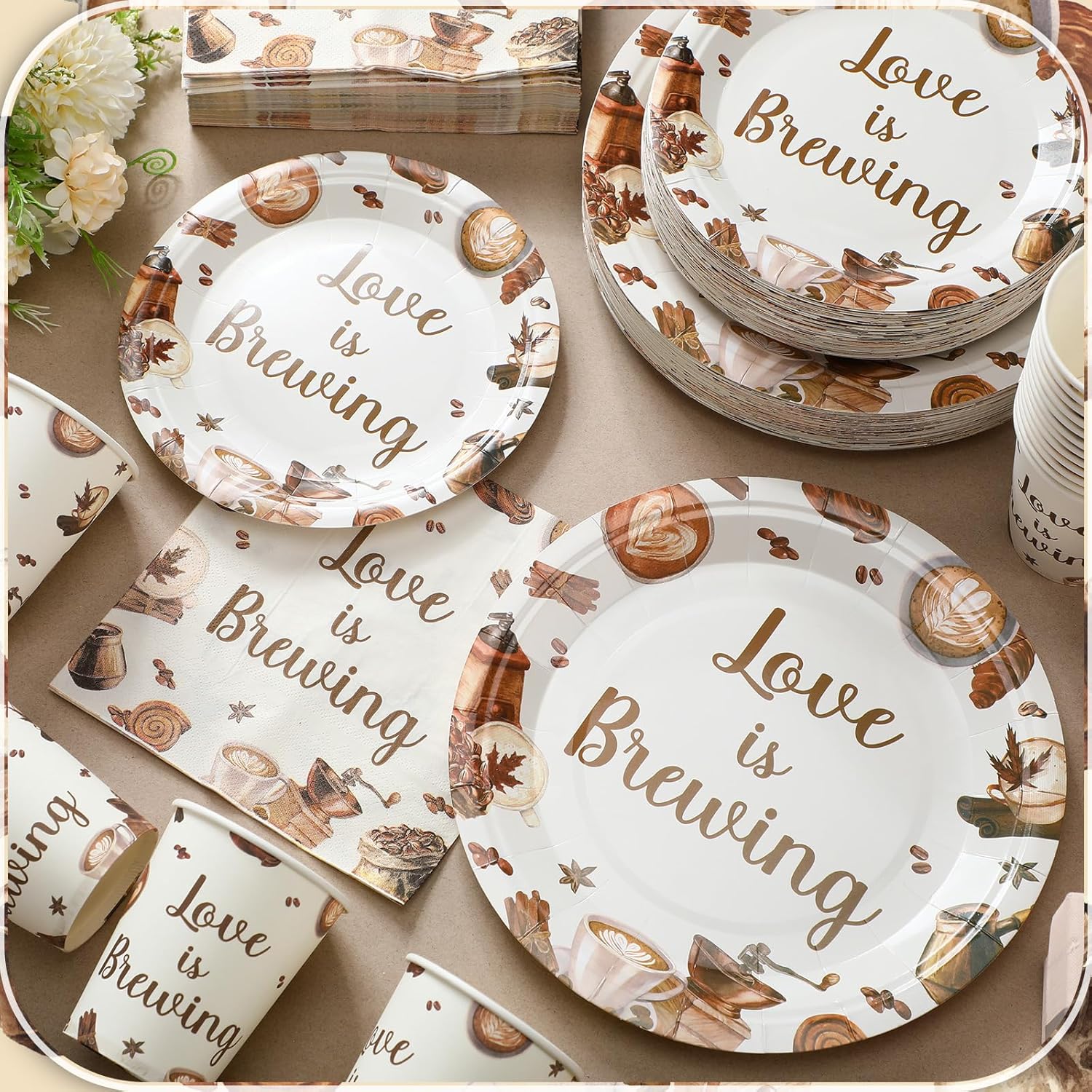 Zhehao 200 Pcs Bridal Shower Plates Napkins Sets Love is Brewing Coffee Bridal Shower Decoration Wedding Shower Decorations Wedding Paper Plates Engagement Bachelorette Supplies, Serve 50