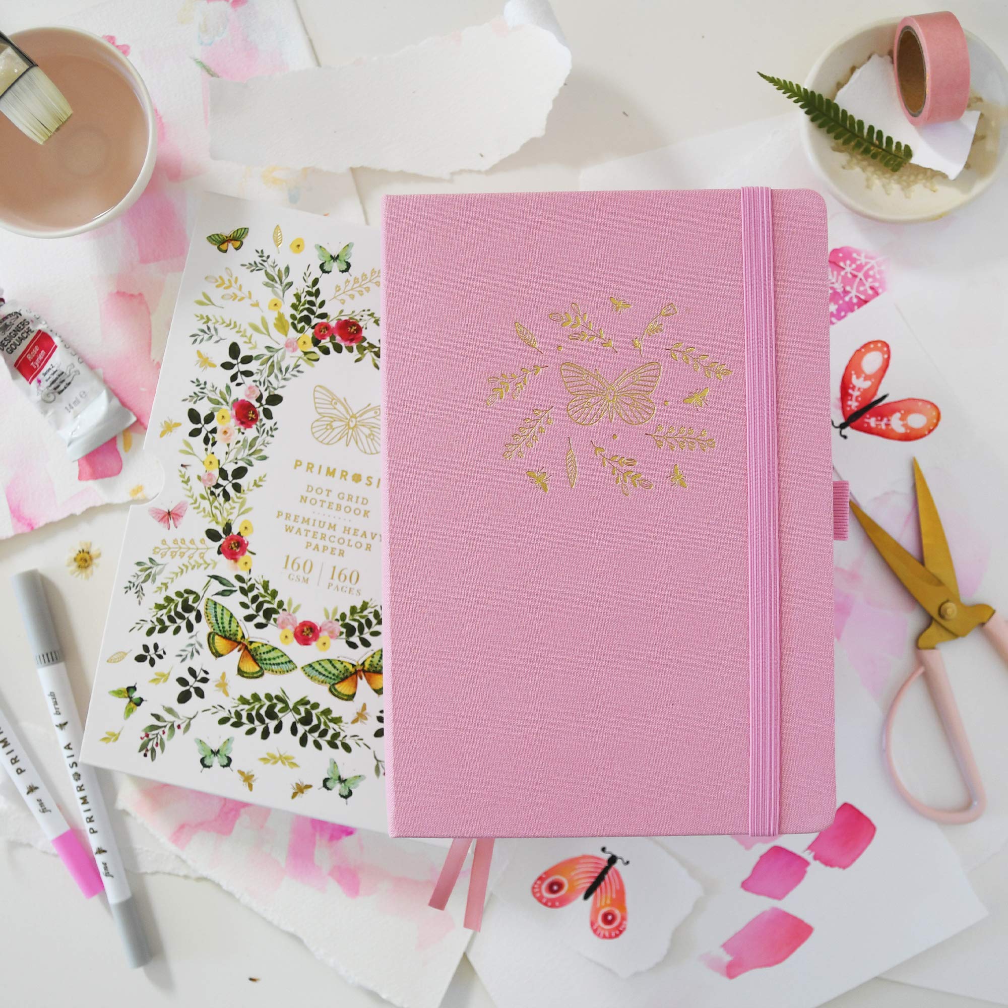 Primrosia Taccuino A5 con griglia a punti ad acquerello, 160 pagine, carta pesante di alta qualità, senza sbavature, copertina rigida in lino di lusso (farfalla rosa)