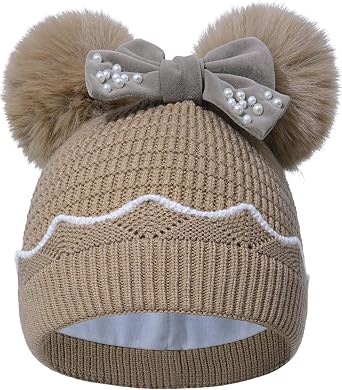 Winter Hat for Girls Kids, Girls Beanie Cap Pearl Bow Double Pom Pom Warm Fleece Lined, Toddler Knit Cap