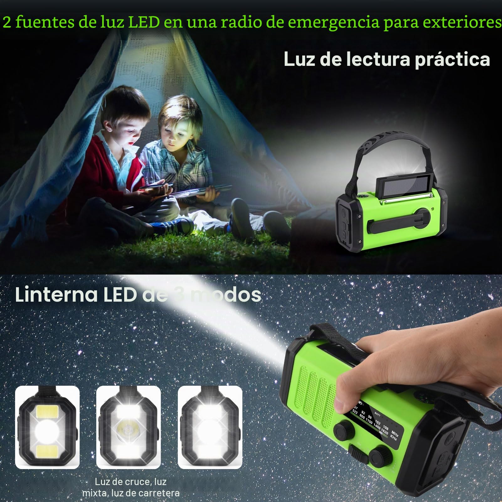 Radio Solar portátil de 10000 mAh, Radio de Emergencia Am/FM con batería Recargable de 10000 mAh, Linterna LED de 3 Modos, lámpara de Lectura LED, Alarma SOS, Dinamo de manivela y Puerto USB para