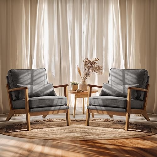 VINGLI Juego de 2 sillas decorativas de madera maciza con reposabrazos anchos, sillas modernas tapizadas de mediados de siglo con almohada, silla de
