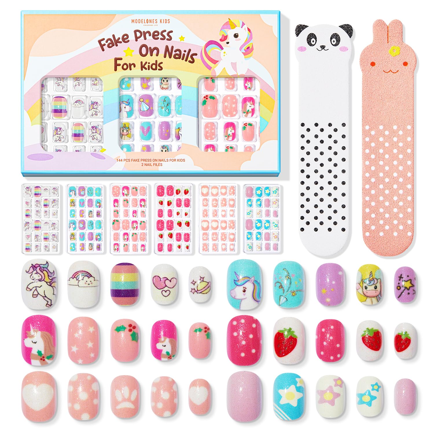 Modelones Press on Nails for Kids 144Pcs 6 Pack Children Acrylic Fake Nails Pre-glue Full Cover Glitter Color Starts Unicorn Short False Nail Art Kits Sets Thanksgiving Christmas Gifts for Girls