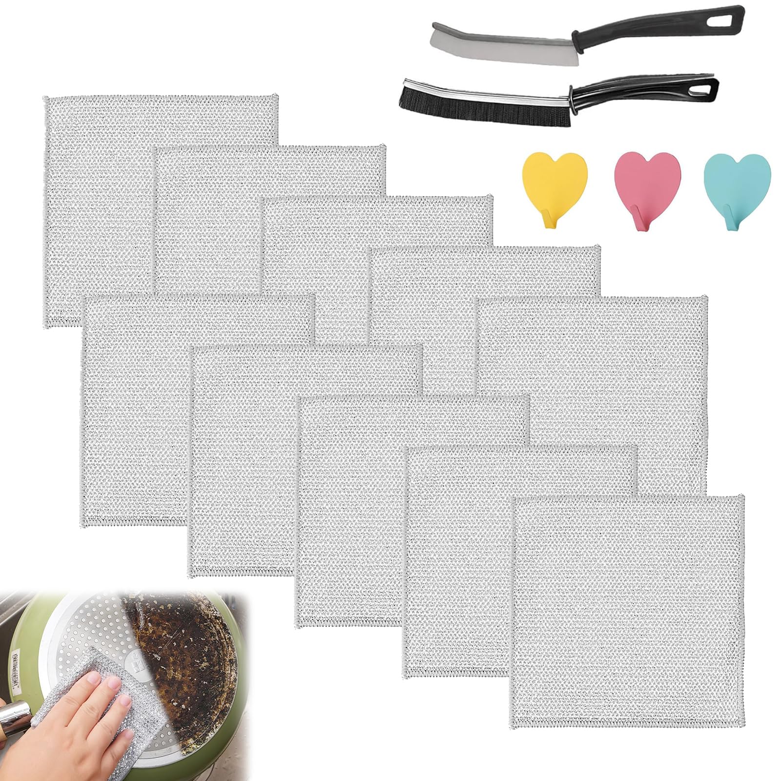 MHDUYEG Paños de Cocina Multiusos de Alambre para Mojar y Secar 10 Piezas Paños de Cocina de Alambre con 2 Cepillos y 3 Ganchos, Paños de Cocina de Alambre de Metal, Paños de Cocina Multiusos Alambre