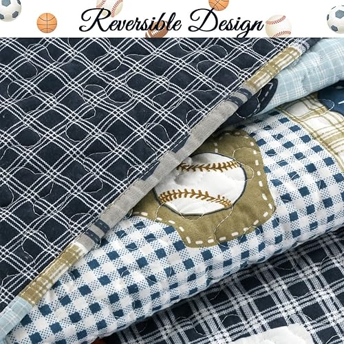 Miniatura 5 de Cozy Line Home Fashions Blue Sports Baseball Basketball Soccer Ball - Juego de colcha para niños y niños (Deporte, Queen, 3 piezas)