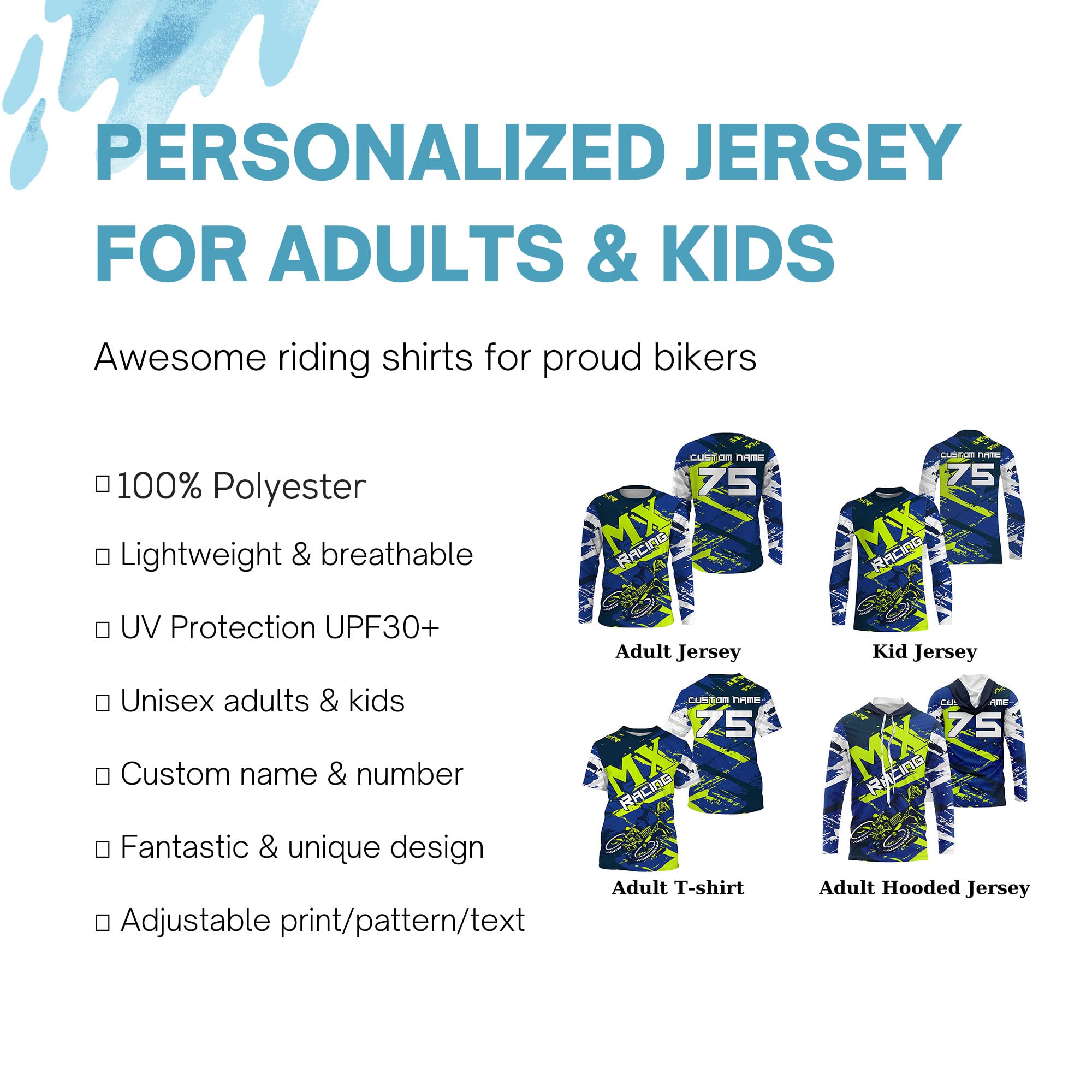 Blue Motocross Jersey Dirt Bike Custom Shirt UPF30+ for Kid Men Women Racing Off-Road Racewear PDT103