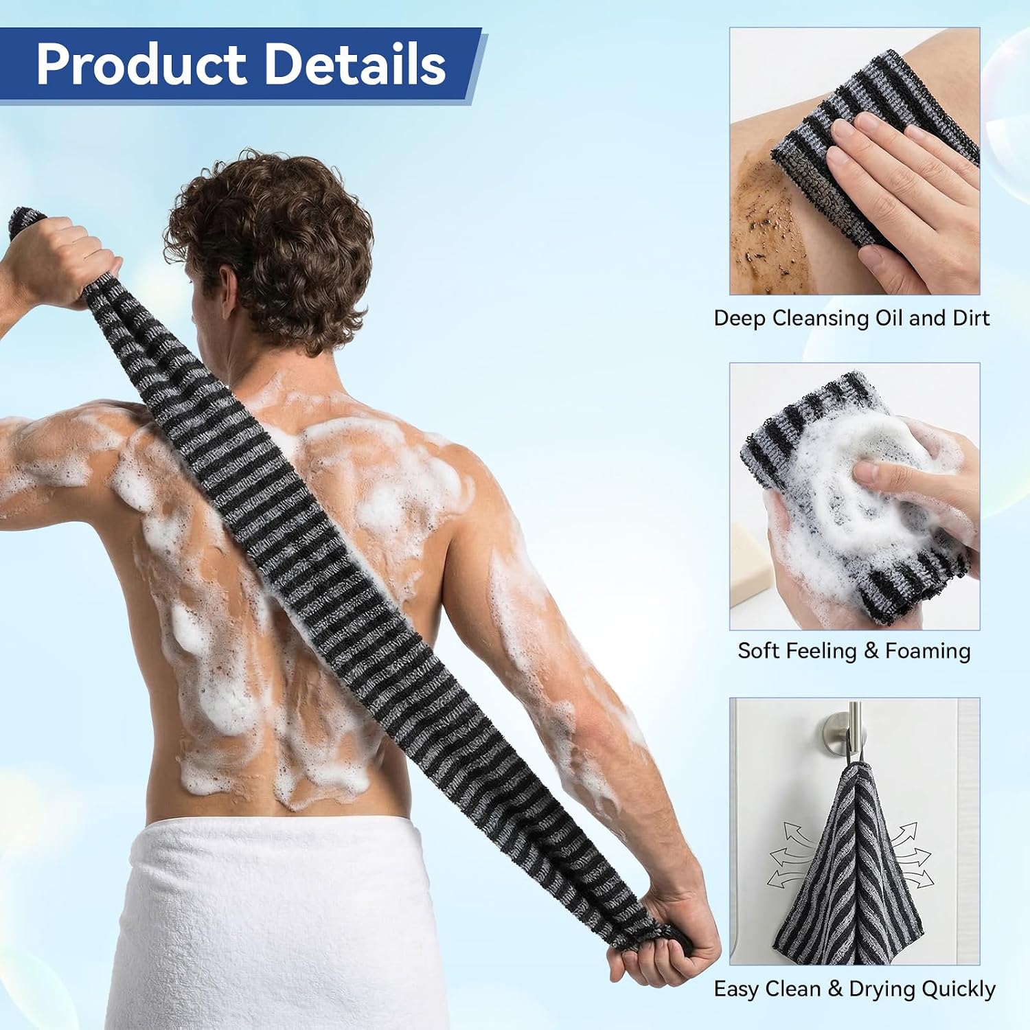 2 Pcs Japanese Exfoliating Shower Towel, 40" Extra Long Towel | Exfoliating Body Scrubber, Back Scrubber for Shower Bath, Body Exfoliator Loofah Luffa Sponge Net for Men Women