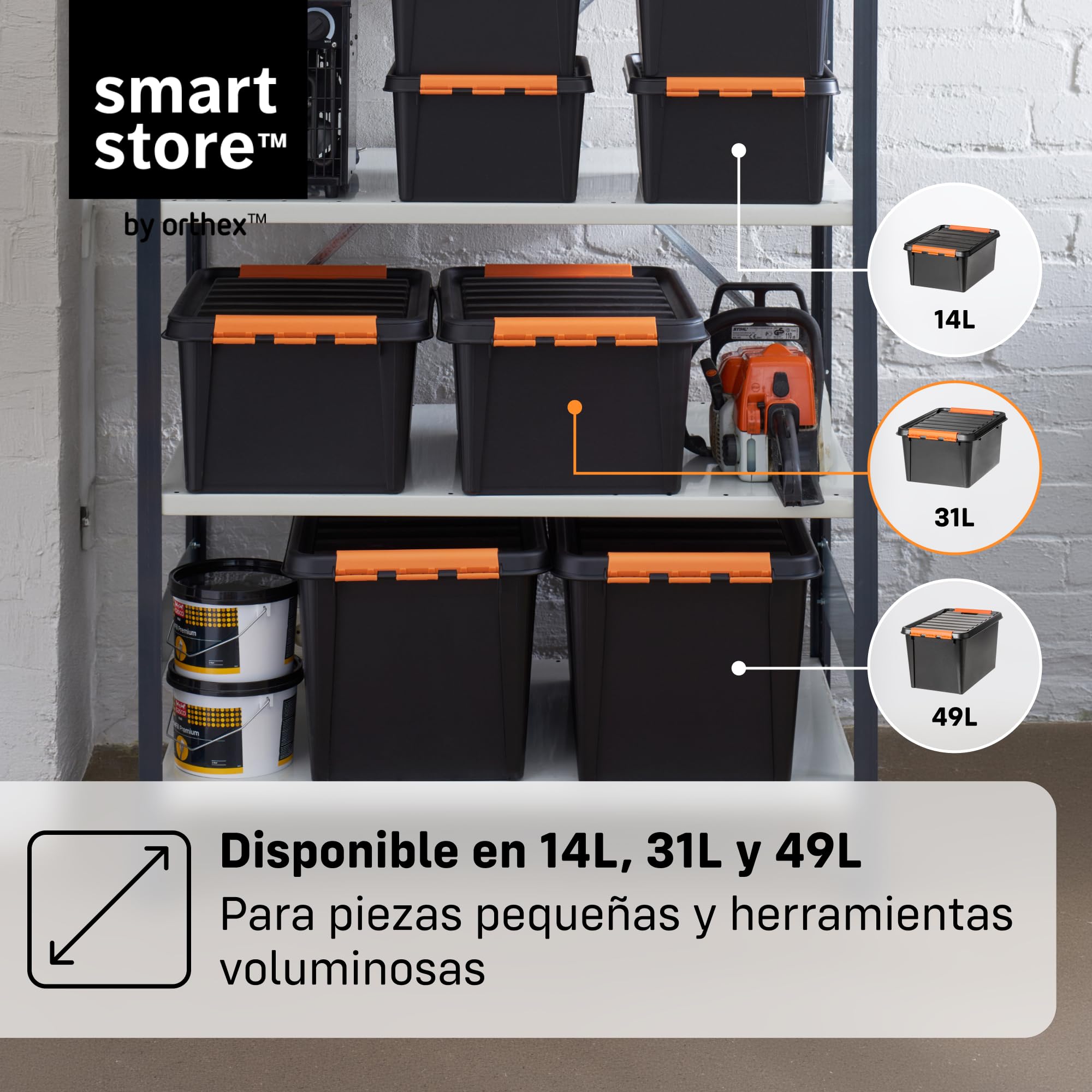 SmartStore Caja Almacenaje Resistente con Tapa I 31L I Pack 6 Cajas Apilables I Garaje Taller Mudanza I Cierre Clip I Made in Sweden I Negra I 50 x 39 x 26 cm