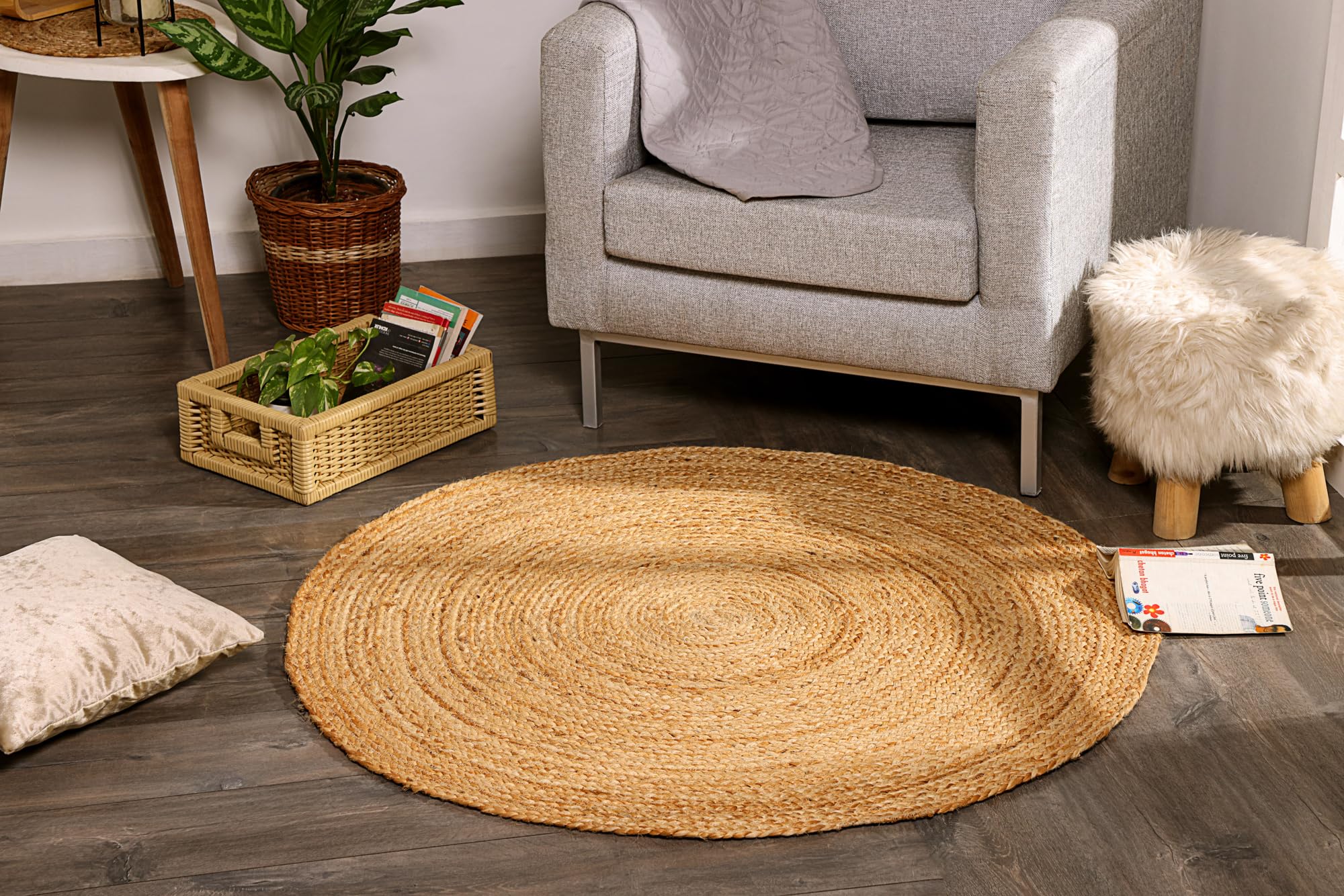 MY-RUG Jüt halı, yuvarlak, 120 cm, doğal, sağlam ve el yapımı