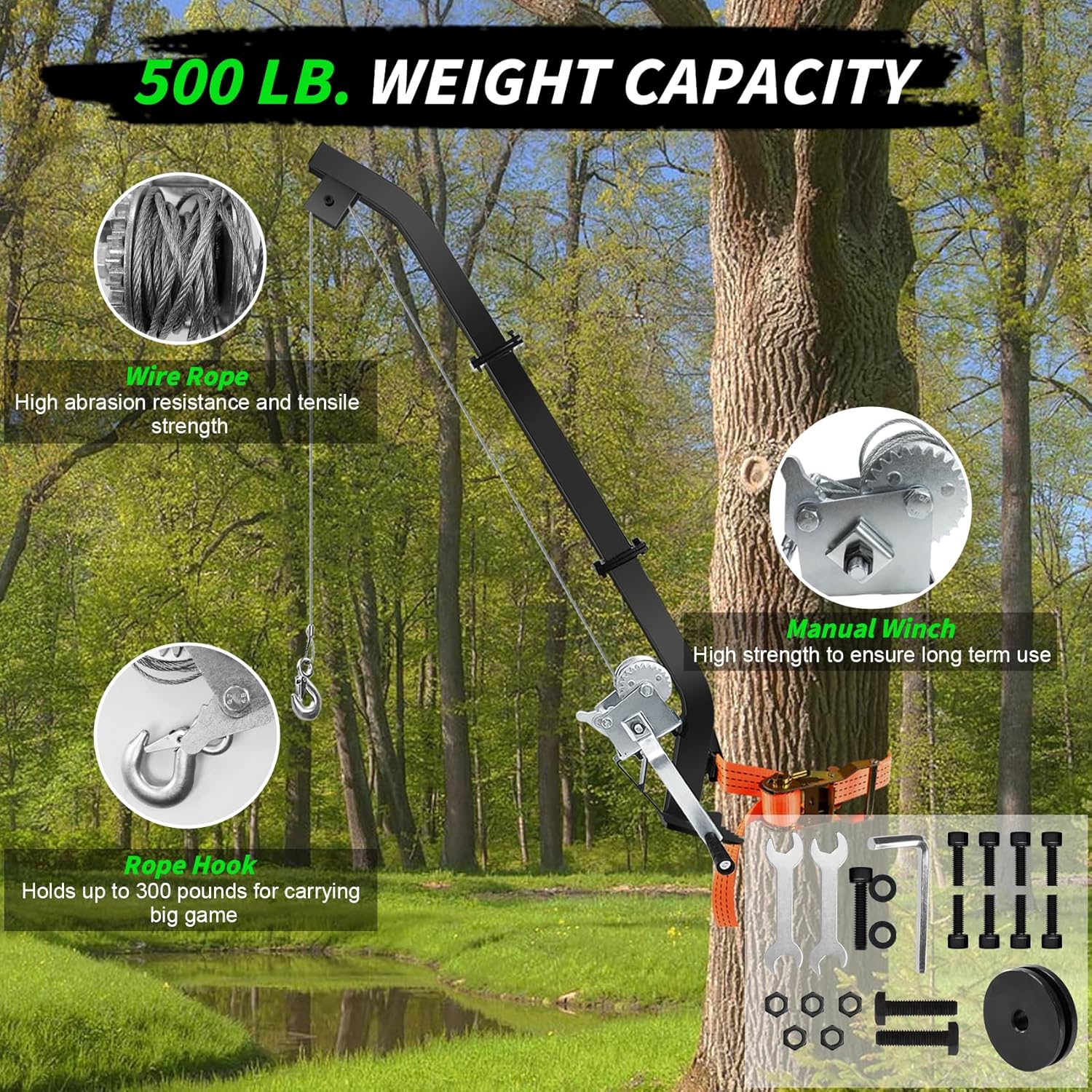 Green living Deer Hoist System, 500 LBS Maximum Weight Capacity, Hunter's Best Hunting Companion, Heavy Duty Wear Resistant Stainless Steel, High Strength Ratchet Strap, Hanging Deer Feeder Hoist