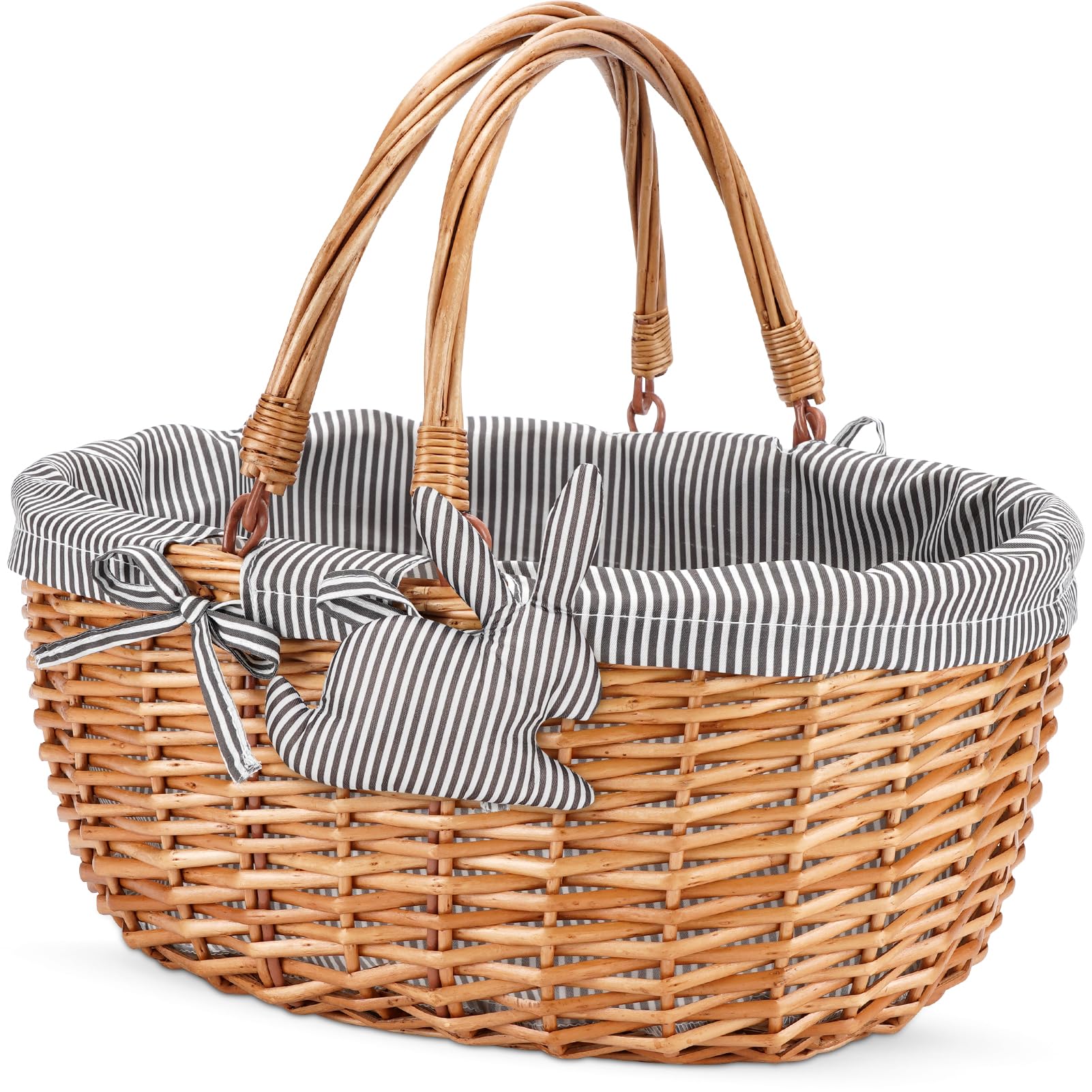 G GOOD GAIN Oval Picnic Basket with Folding Handles, Willow Hand Woven Shopping Basket, Bath Toy Kids Toy Storage Gift Packing Basket, Wicker Empty Easter Eggs and Candy Small Gift Basket. Linen Blue