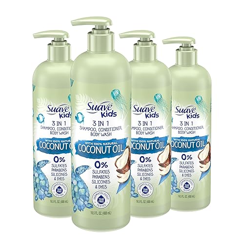 Suave Aceite de coco natural 3 en 1 para niños, sin desgarros, gel de baño, champú y acondicionador, sin sulfatos, sin parabenos, sin siliconas, sin
