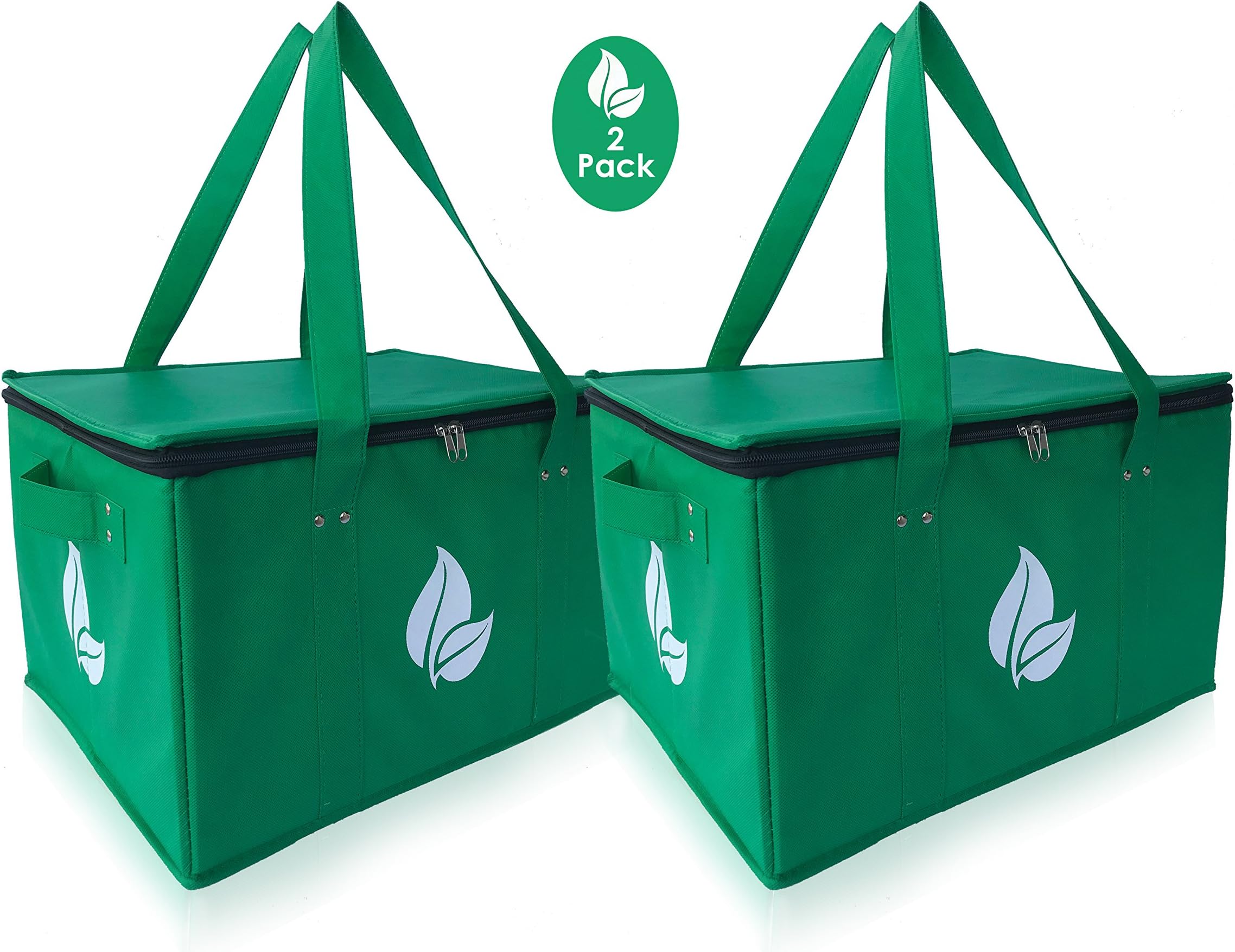 Insulated Reusable Grocery Shopping Box Bag Extra Large Deluxe Set Stands Upright with REINFORCED BOTTOM AND SIDES Zipper Top Lid in Eco Green Color (Set of 2)