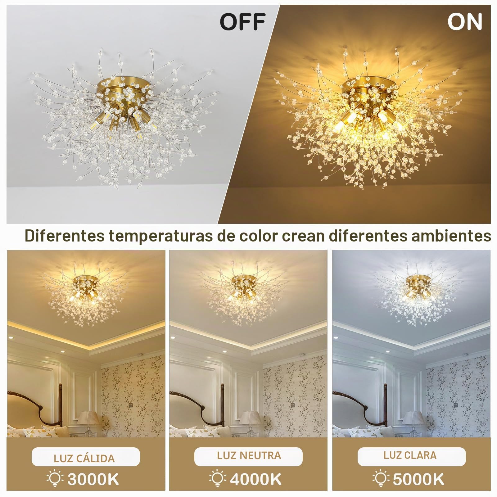 Rayofly Moderna lámpara de techo de cristal, fuegos artificiales diente de león Sputnik araña 6 lámparas G9 regulable dorado colgante lámpara colgante para dormitorio, salón, comedor, cocina, pasillo