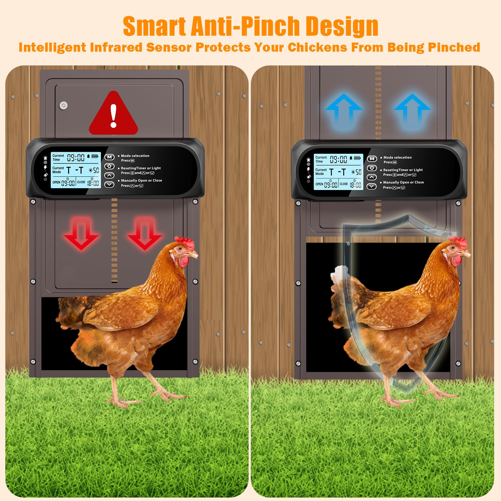 Puerta automática de gallinero alimentada por energía solar, pantalla LCD, puerta de gallinero automática eléctrica con temporizador y sensor de luz, abridor automático de puerta de pollo recargable