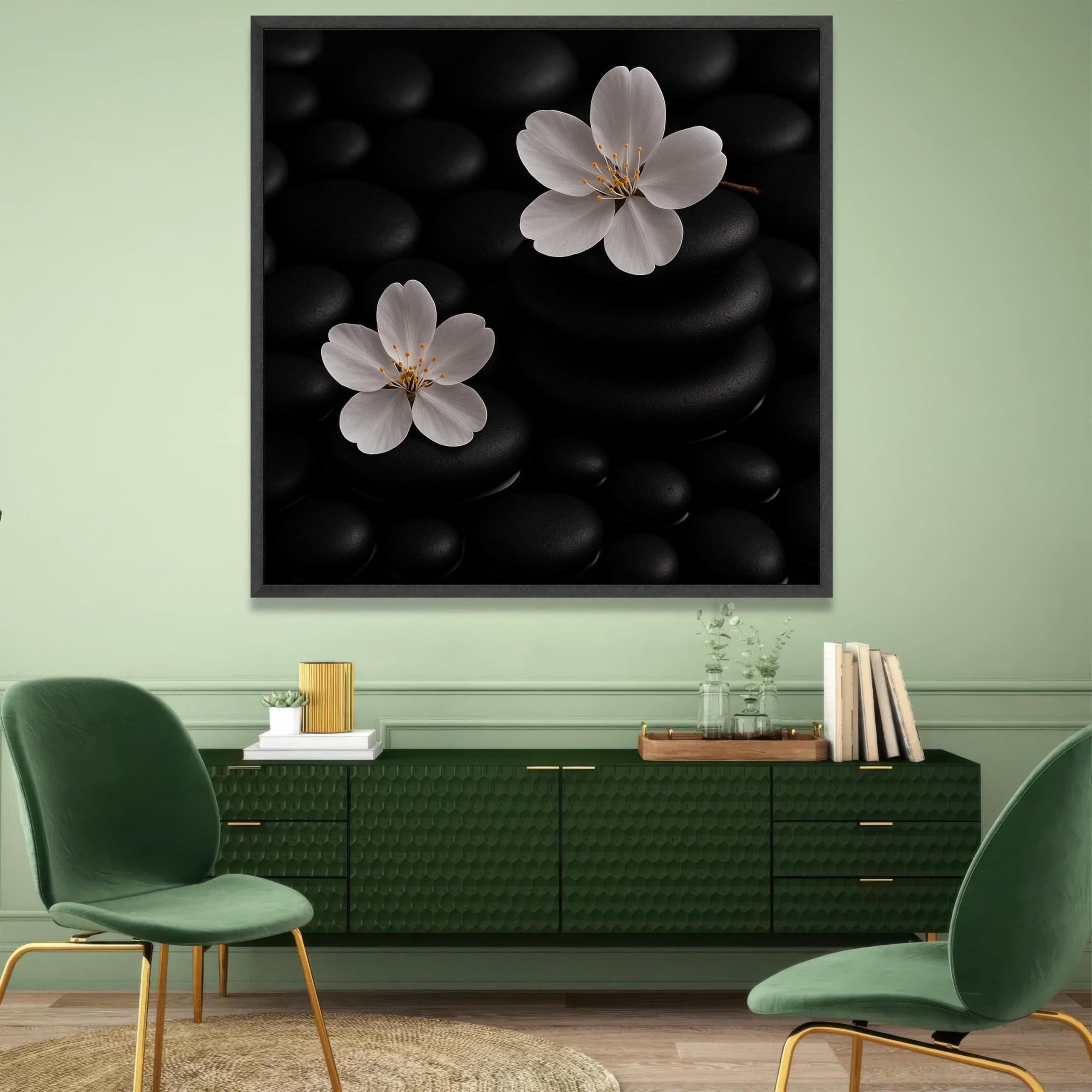 XINBAO Białe kamienie Zen na czarnym tle, kwiatowy obraz ścienny, minimalistyczna dekoracja kwiatowa i kamień, nowoczesna dekoracja domu (65 x 65 cm/rama wewnętrzna)