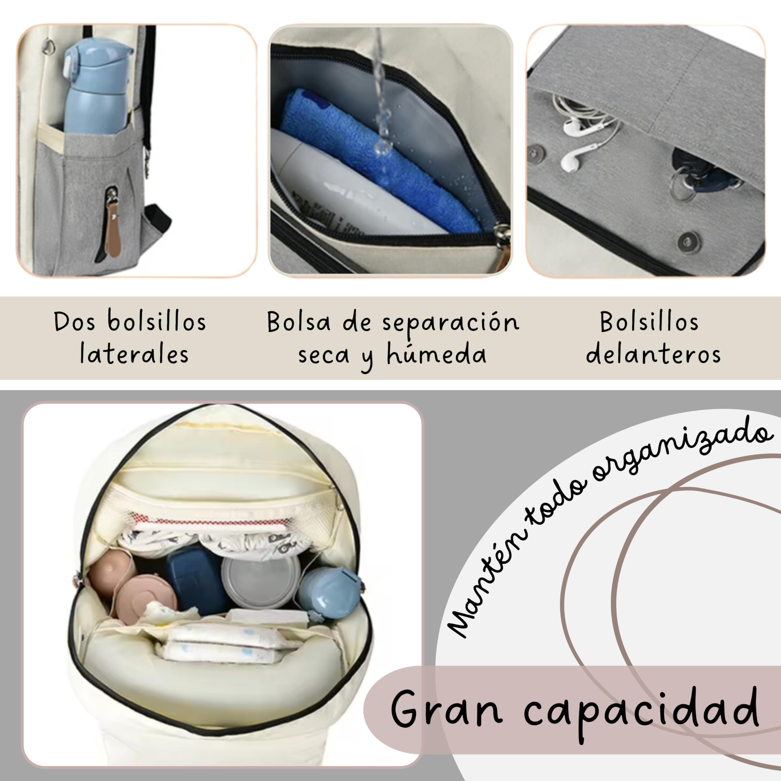 Mochila Pañalera Multifuncional, Bolsa para Pañales Maternidad, Mochila Carrito Bebé unisex, incluye Cambiador Portátil, Correas para cochecito, Dispensador Bolsas Desechables y Portachupete
