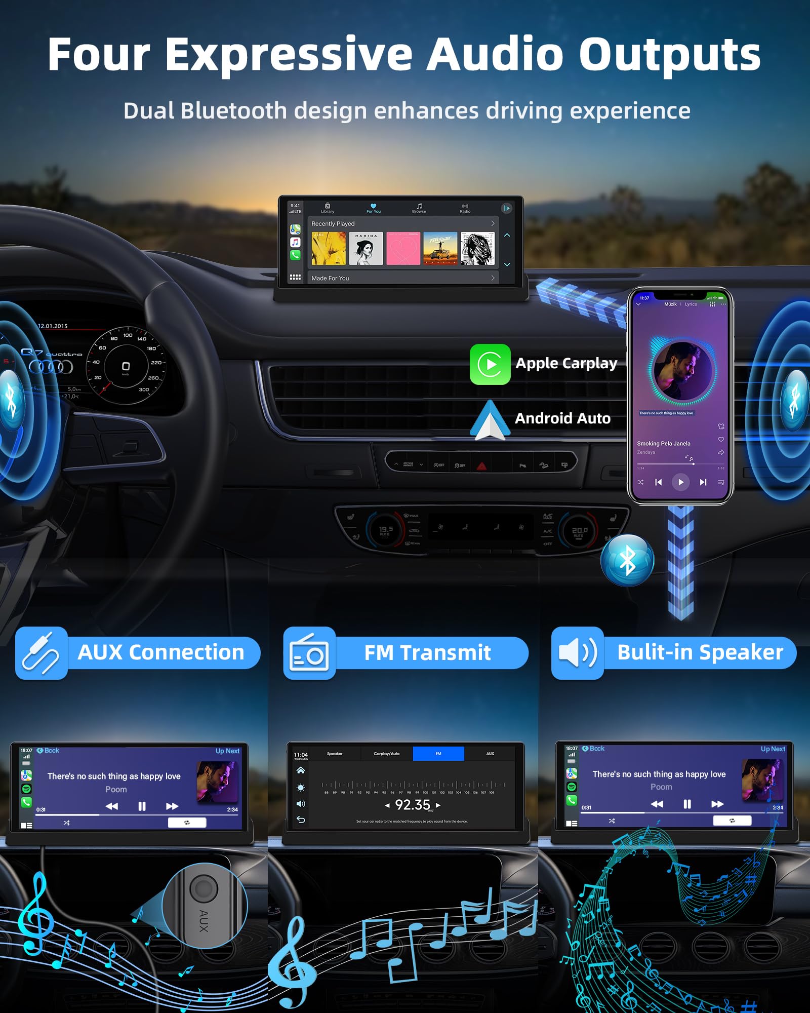 2026 Unique Schermo Carplay Android Auto Display con Supporto di Base, 10,26 Pollici Schermo Auto Carplay con Aggiornamento OTA Super link, GPS Navigation Siri/GoO.gle