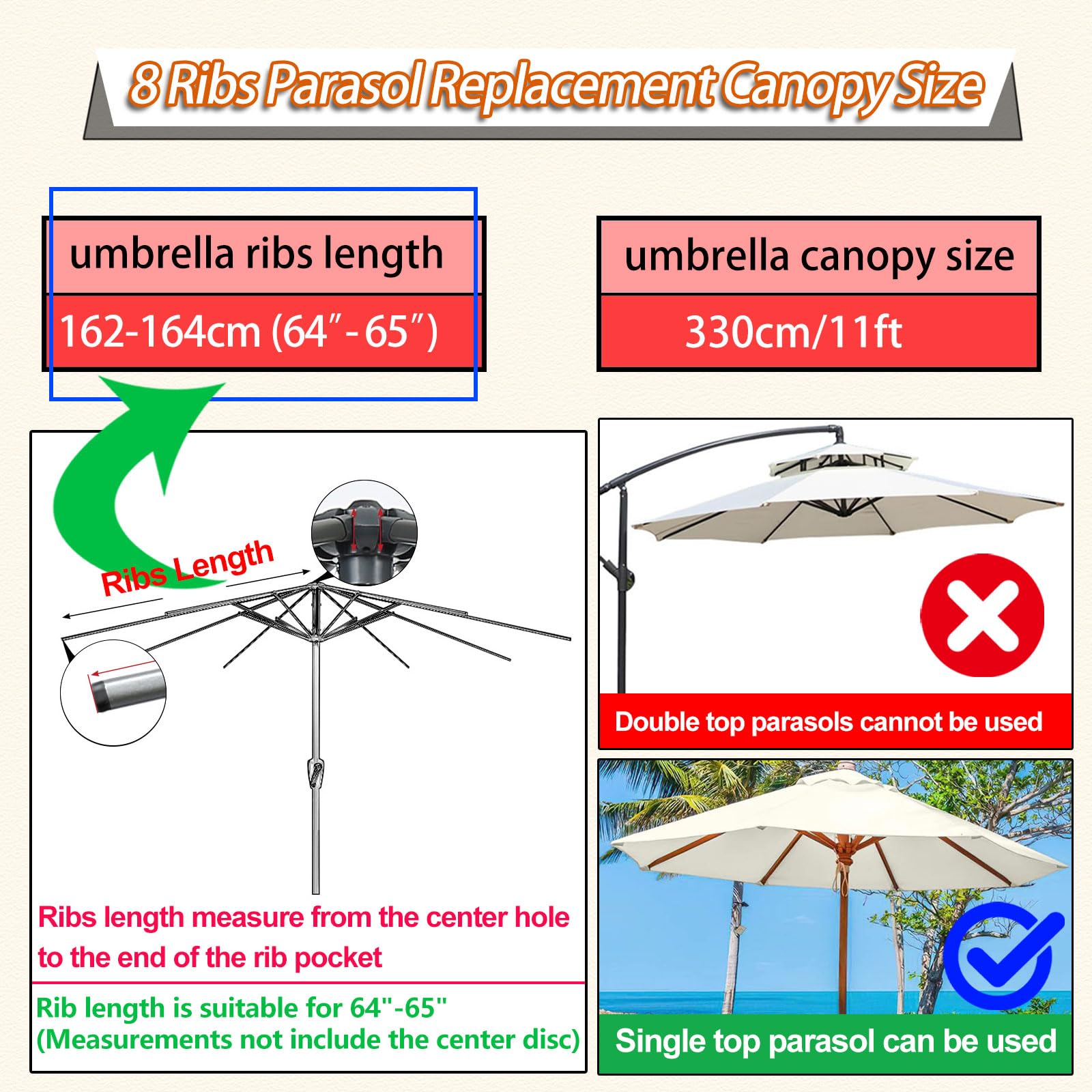 Zapasowy baldachim 3,3 m do parasola wspornikowego, trwały pokrowiec na patio na zewnątrz, ochrona przed słońcem z 8 ramionami, zapasowy daszek do ogrodu, Khaki