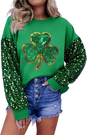 DUTUT St. Patricks Day Sweatshirt Women Shamrock Shirt Lucky Clover Graphic Shirts Irish Casual Long Sleeve Tops