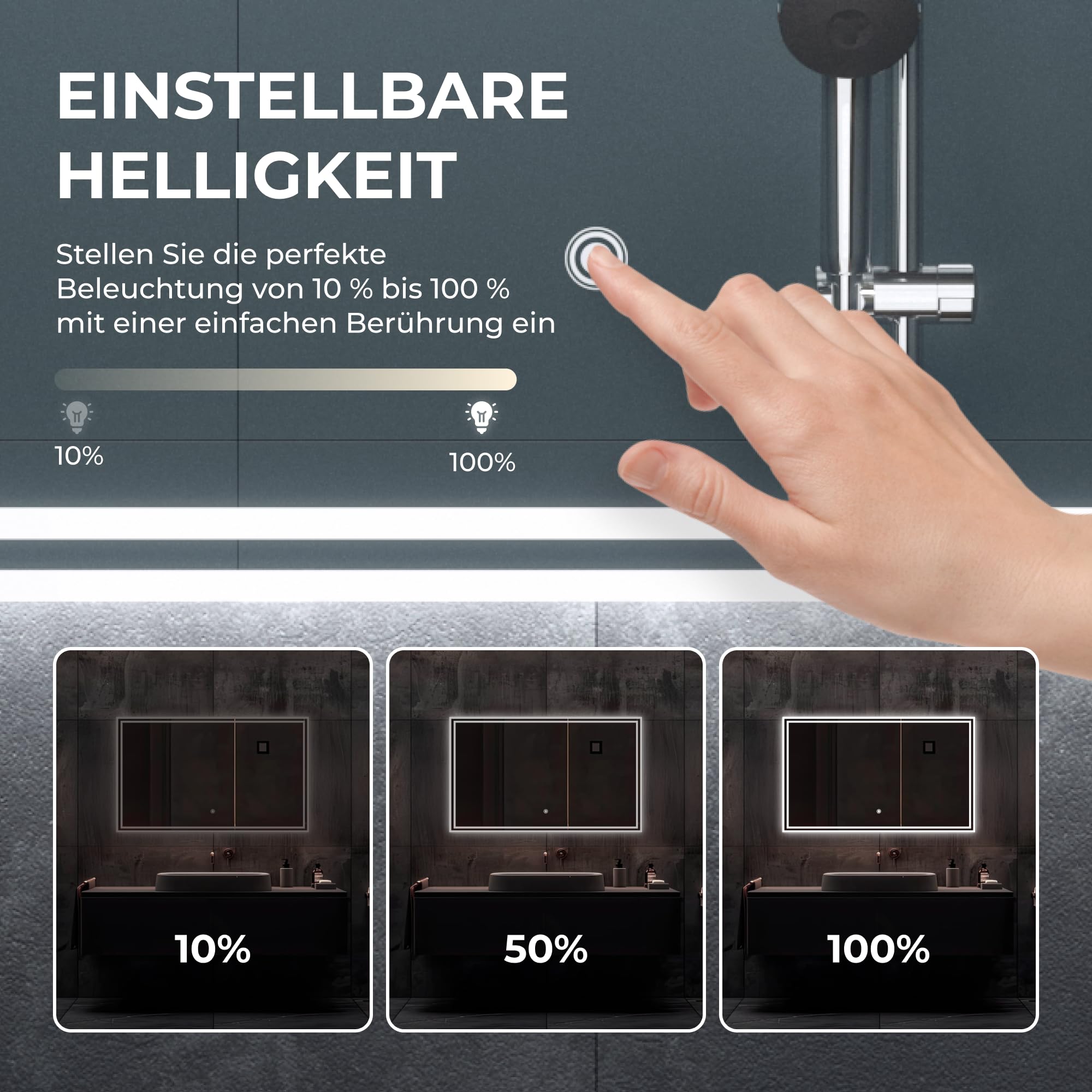 BR Bringer LED Badspiegel - 100x60 cm - Badezimmerspiegel mit Beleuchtung und Anti-Beschlag Funktion - Dimmbar, Energiesparend, 3 Lichtfarben, Touch-Schalter und Speicherfunktion (Modell: BRS107)