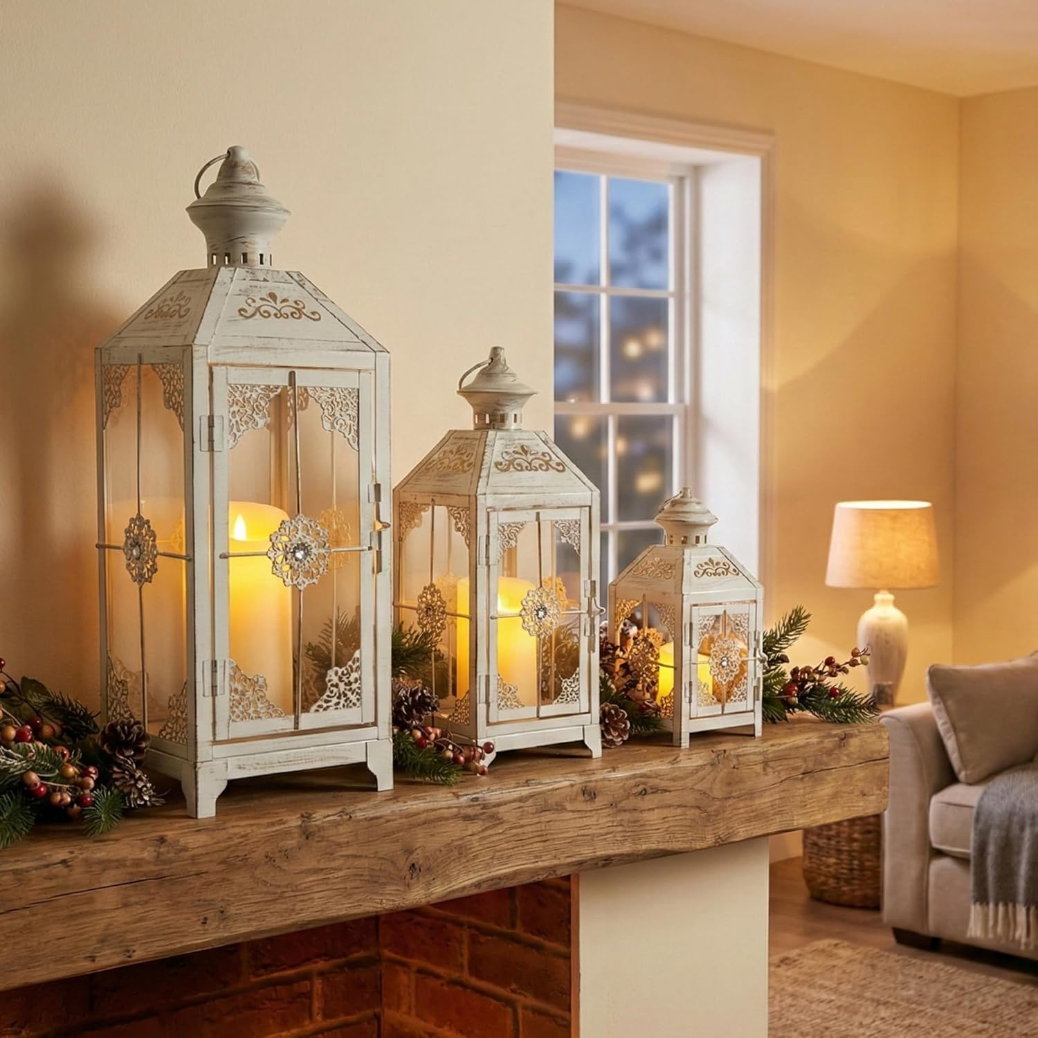 JHY DESIGN Set of 3 Decorative Candle Lantern 19.5" High Metal Vintage Hanging Lantern for Front Porch Home Patio Wedding Party, Festival Decorations(White with Gold Brush)