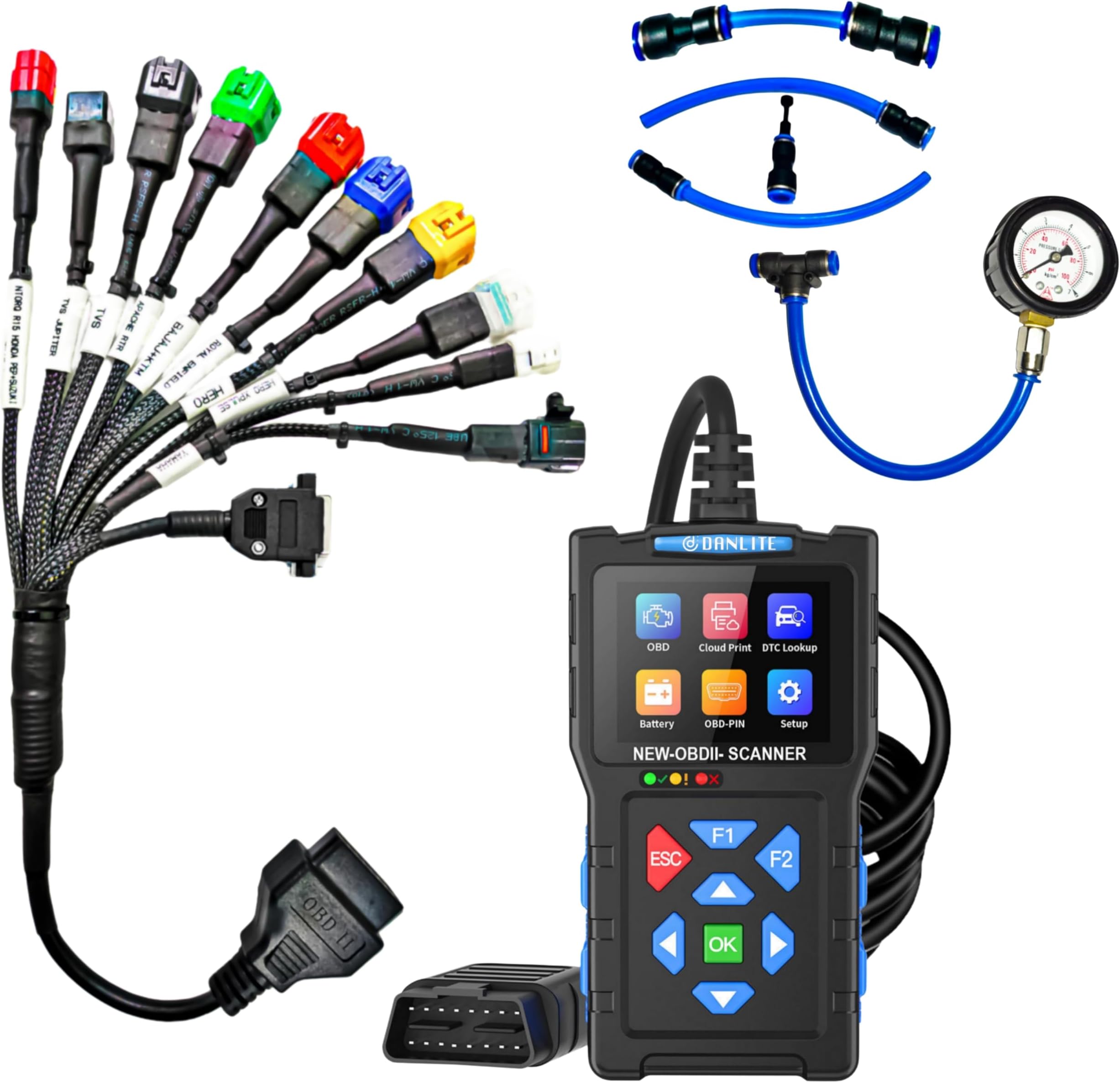 DANLITE TOOLS TECHNICIAN V317 obd2 Scanner for Bike bs6 + 11 Coupler Cable + Fuel Pressure Gage